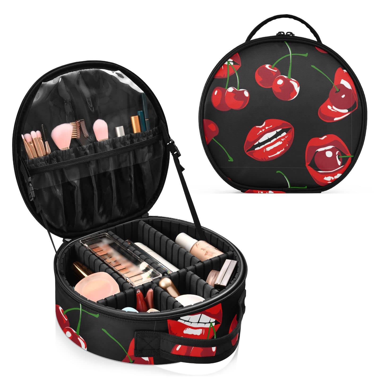 Linqin Portable Makeup Case for Women - Travel Cosmetic Organizer with Adjustable Dividers | Cherry Red Lips Design | Perfect for Jewelry, Toiletries & Makeup Brushes | Ideal for Travel, Home Storage & Professional Makeup Artists