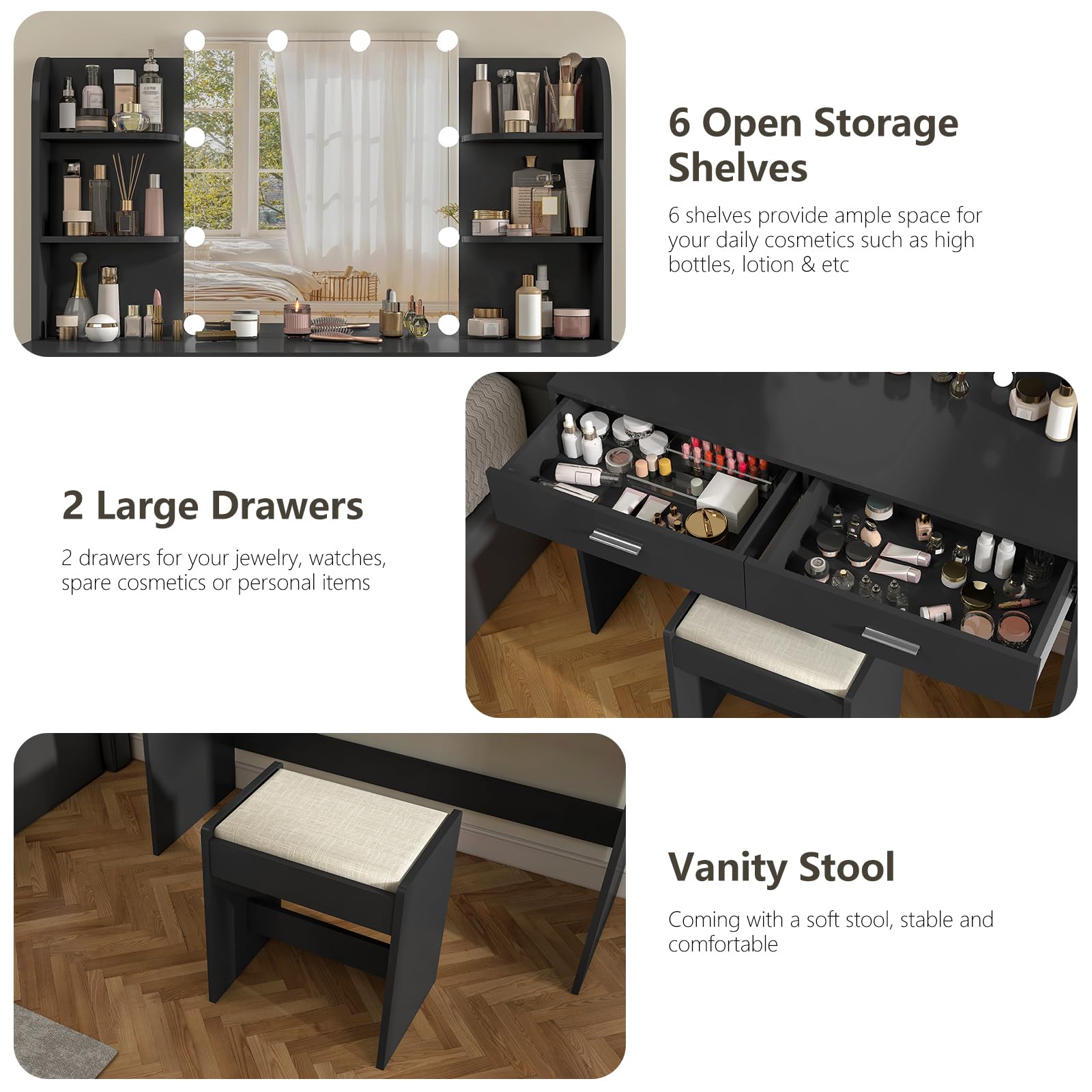 USIKEY Makeup Vanity Desk with LED Mirror & 10 Lights - Dressing Table Set with 2 Drawers, Open Shelves & Cushioned Stool (Black) - Perfect for Bedroom, Bathroom & Beauty Salon Organization
