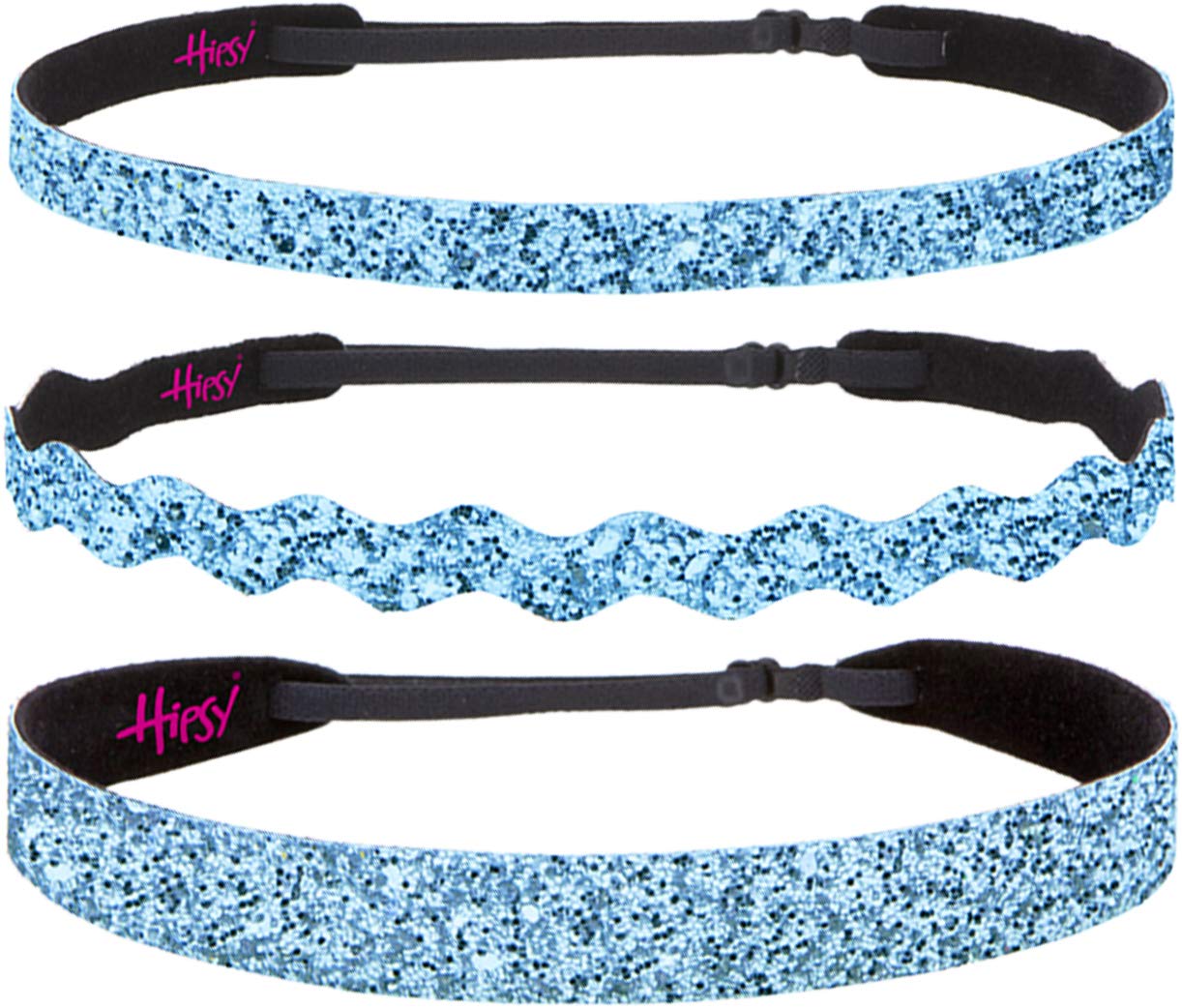 Sparkly Bling Adjustable No-Slip Headbands for Women, Girls & Teens - PETITE Size, Mixed 3 Pack (Glitter Light Blue) - Perfect for Sports, Workouts, and Everyday Fashion