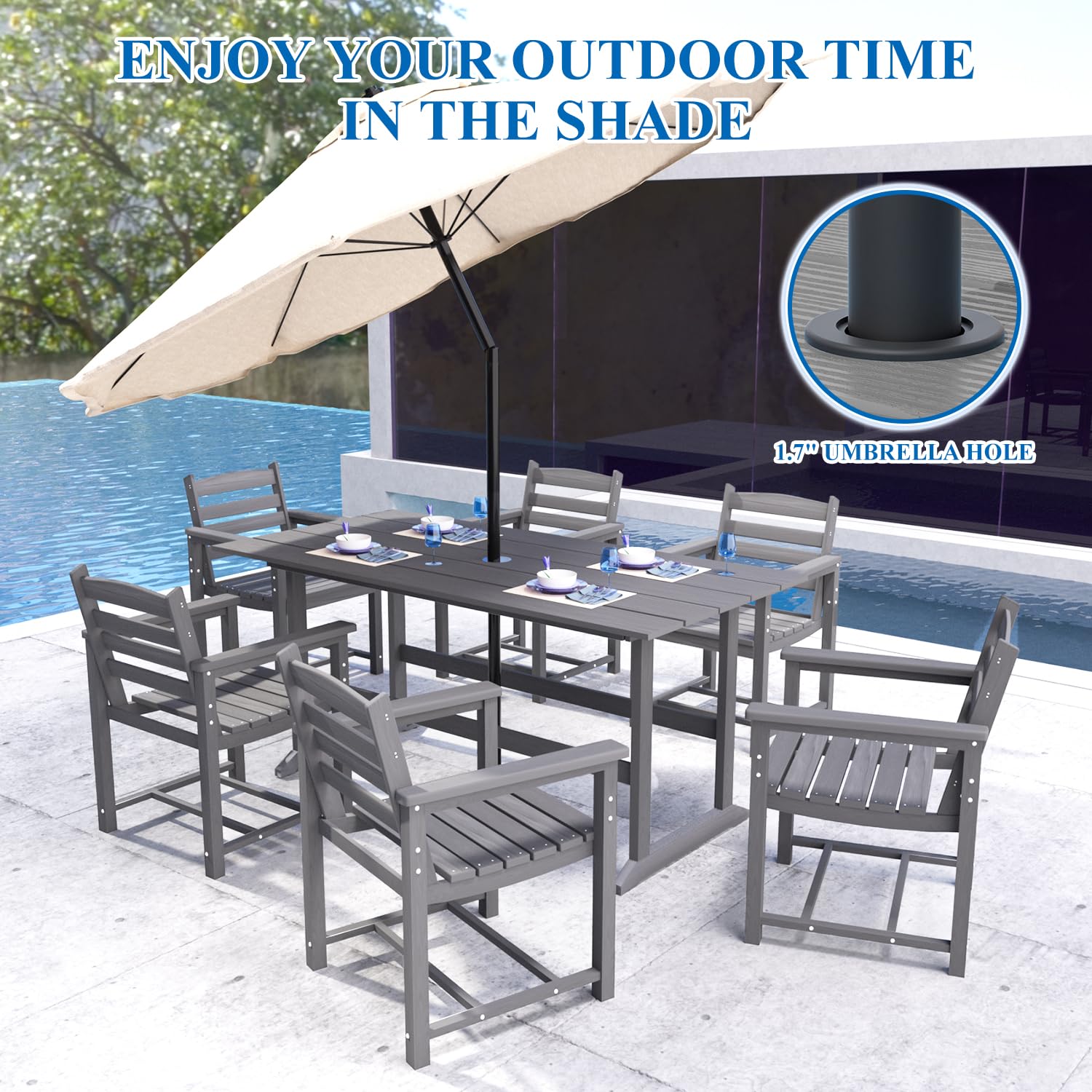 MOLACHI Outdoor Patio Dining Table - 1PC Rectangle HDPE Weather-Resistant Table with Umbrella Hole, Grey - Perfect for Backyard, Garden, Poolside & BBQ Gatherings