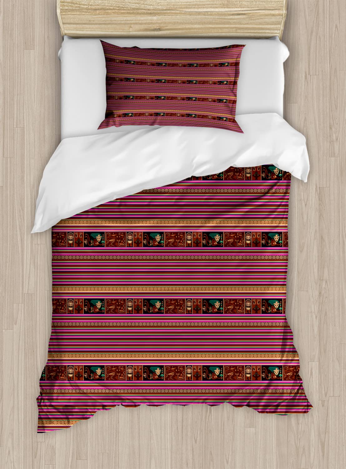 Ambesonne Ethnic Duvet Cover Sets - Peruvian Culture Themed Folk Motifs & Stripes Print Bedding Set, 2 Duvet Covers & 2 Pillowcases, Twin Size 2-Pack, Multicolor - Perfect for Bohemian Bedroom Decor & Cultural Home Styling