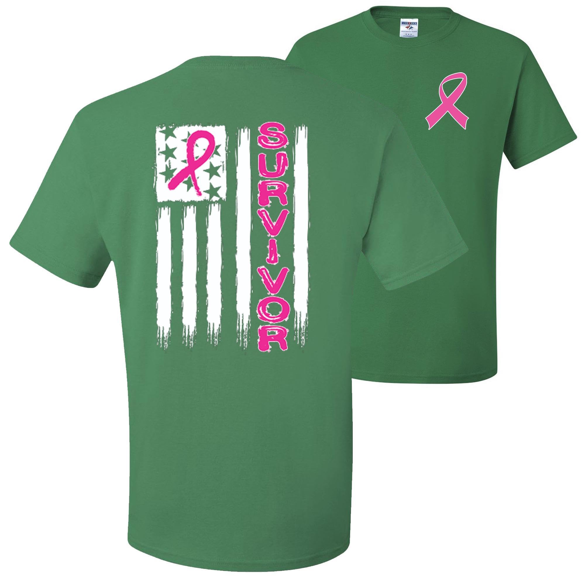 Wild Custom Apparel - Breast Cancer Awareness American Flag Print Men's T-Shirt - Front & Back Design - Comfortable Cotton Tee for Support, Fundraising & Patriotic Events