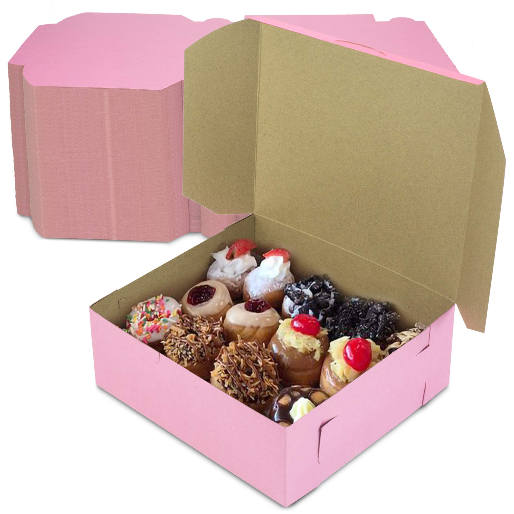 250 Pack Pink Bakery Boxes 8x8x3 Inches - Cake Pastry Boxes for Cupcakes, Desserts, Cookies & Candy Packaging - Perfect for Bakeries, Homemade Baked Goods, Party Favors, Wedding Gifts & Special Occasions