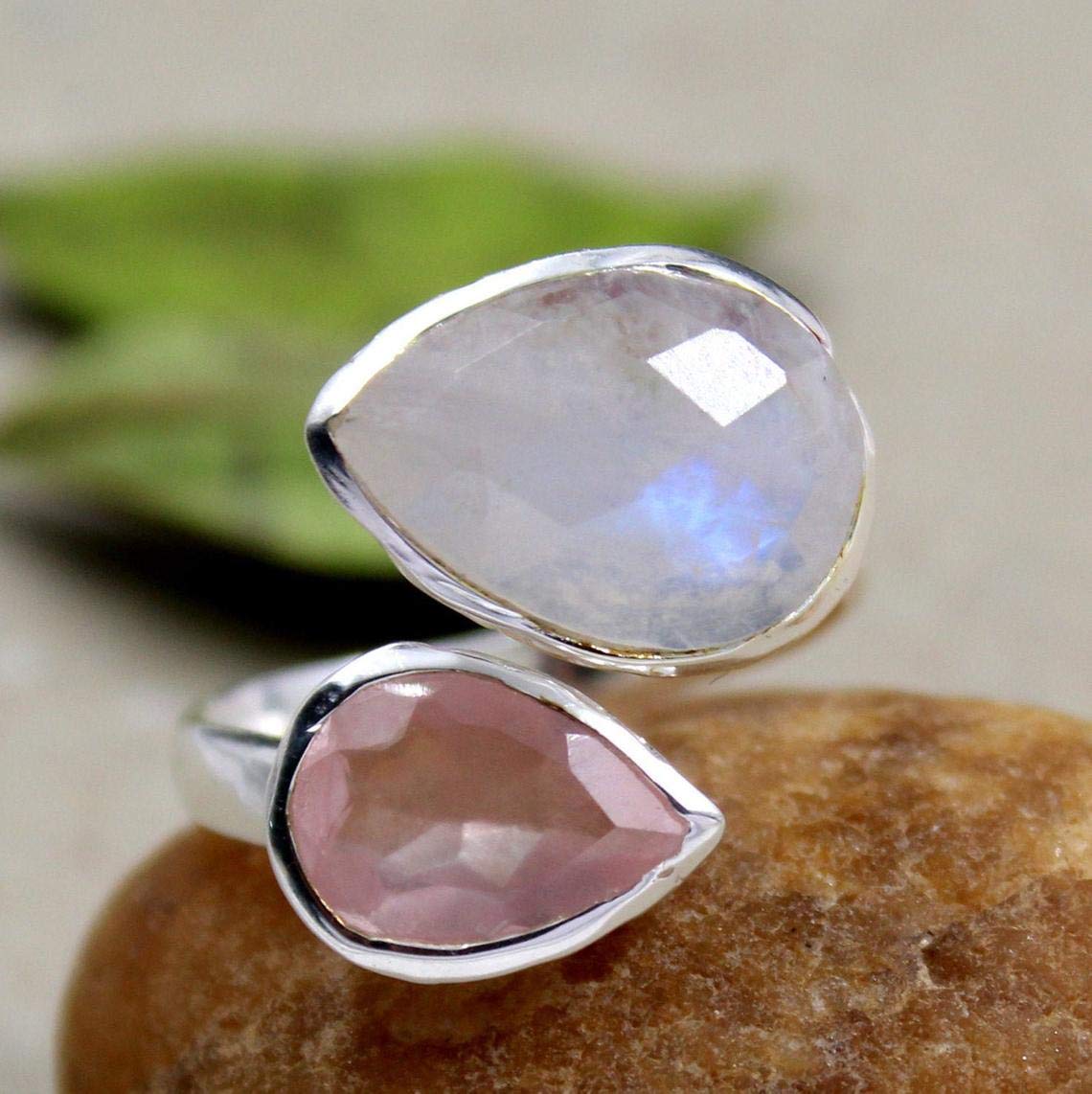 925 Silver Moonstone & Rose Quartz Front Open Ring - Unisex Anniversary & Valentine's Gift for Her/Him, Bridesmaid Jewelry - Perfect for Weddings, Proposals & Romantic Occasions