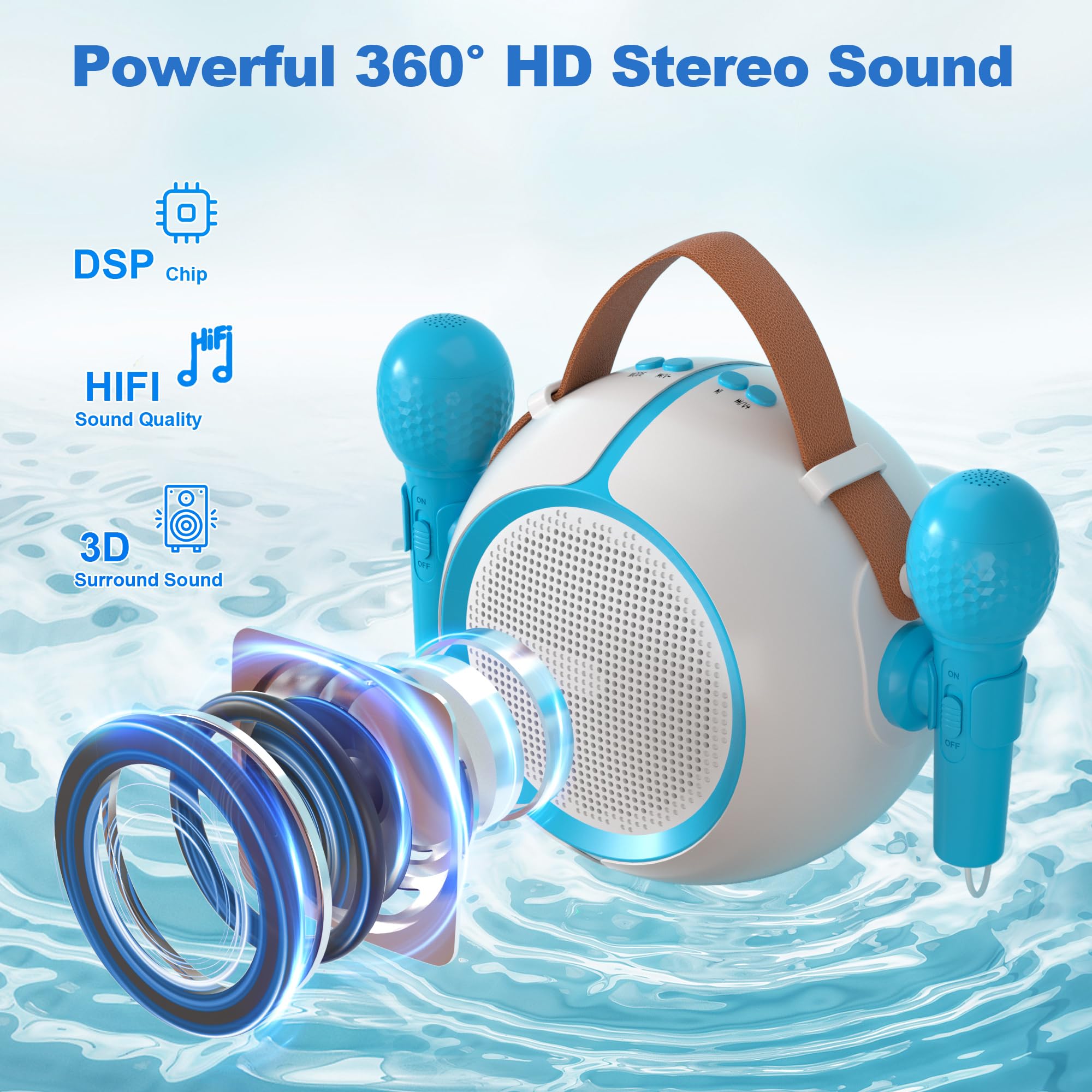 Portable Bluetooth Karaoke Machine for Kids with 2 Wireless Microphones, Rechargeable Battery, FM Radio, USB Playback & LED Lights - Perfect for Birthday Parties, Family Gatherings & Home Singing Fun (Blue)