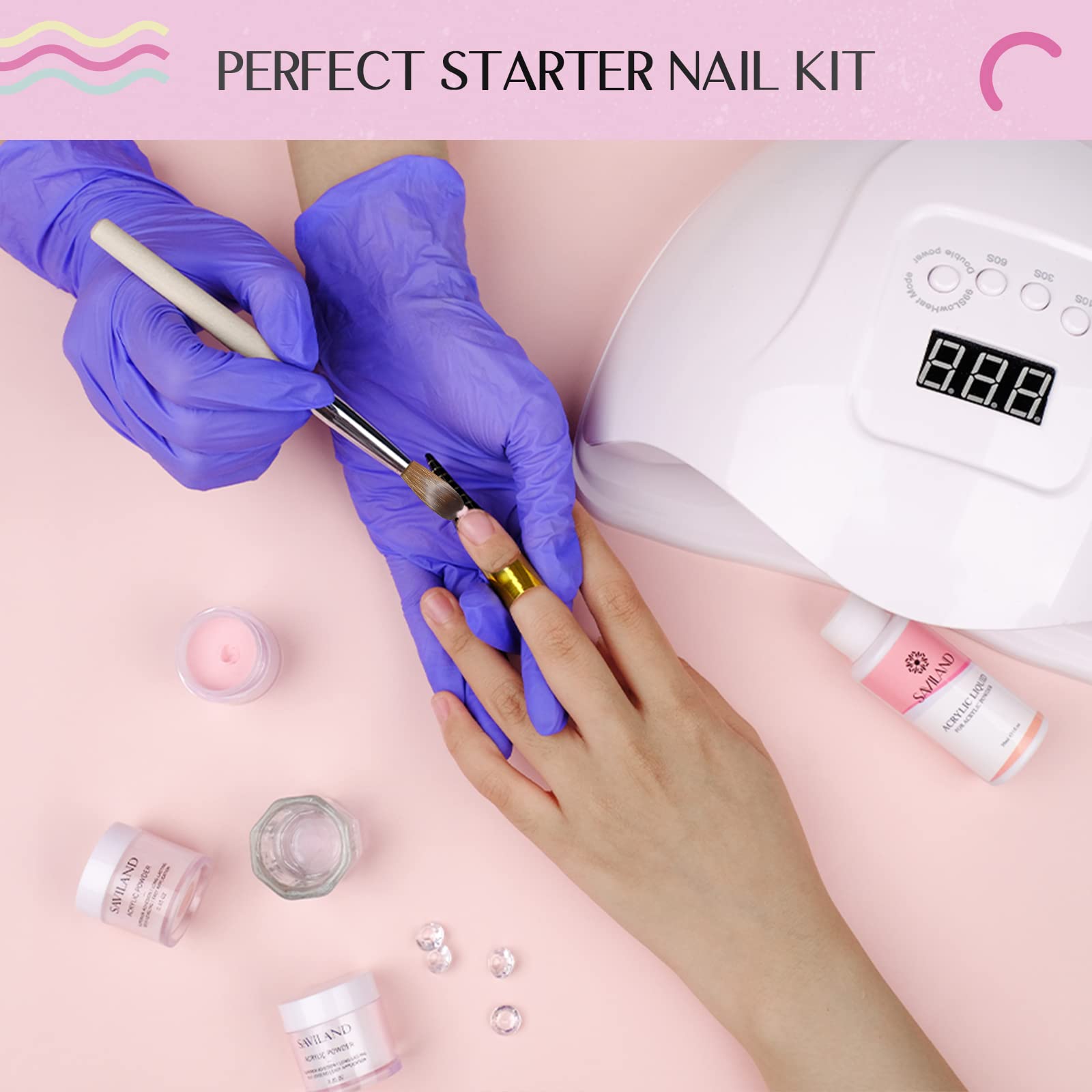SAVILAND All-in-1 Acrylic Nail Kit with Clear Pink Nudes Acrylic Powder & Liquid - Professional Nail Art System with Brush & Forms for Salon & Home DIY | Perfect for Manicures, Nail Extensions & Creative Designs