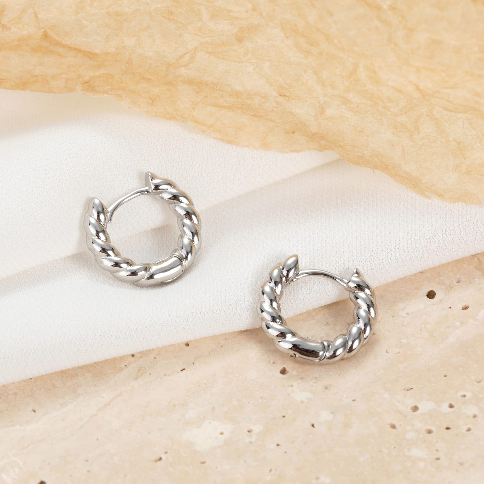 3 Pairs 925 Sterling Silver Small Huggie Hoop Earrings for Women - Hypoallergenic Cubic Zirconia Twisted Mini Hoops - Cuff Earrings for Girls & Teens - Perfect for Everyday Wear, Parties & Gifts