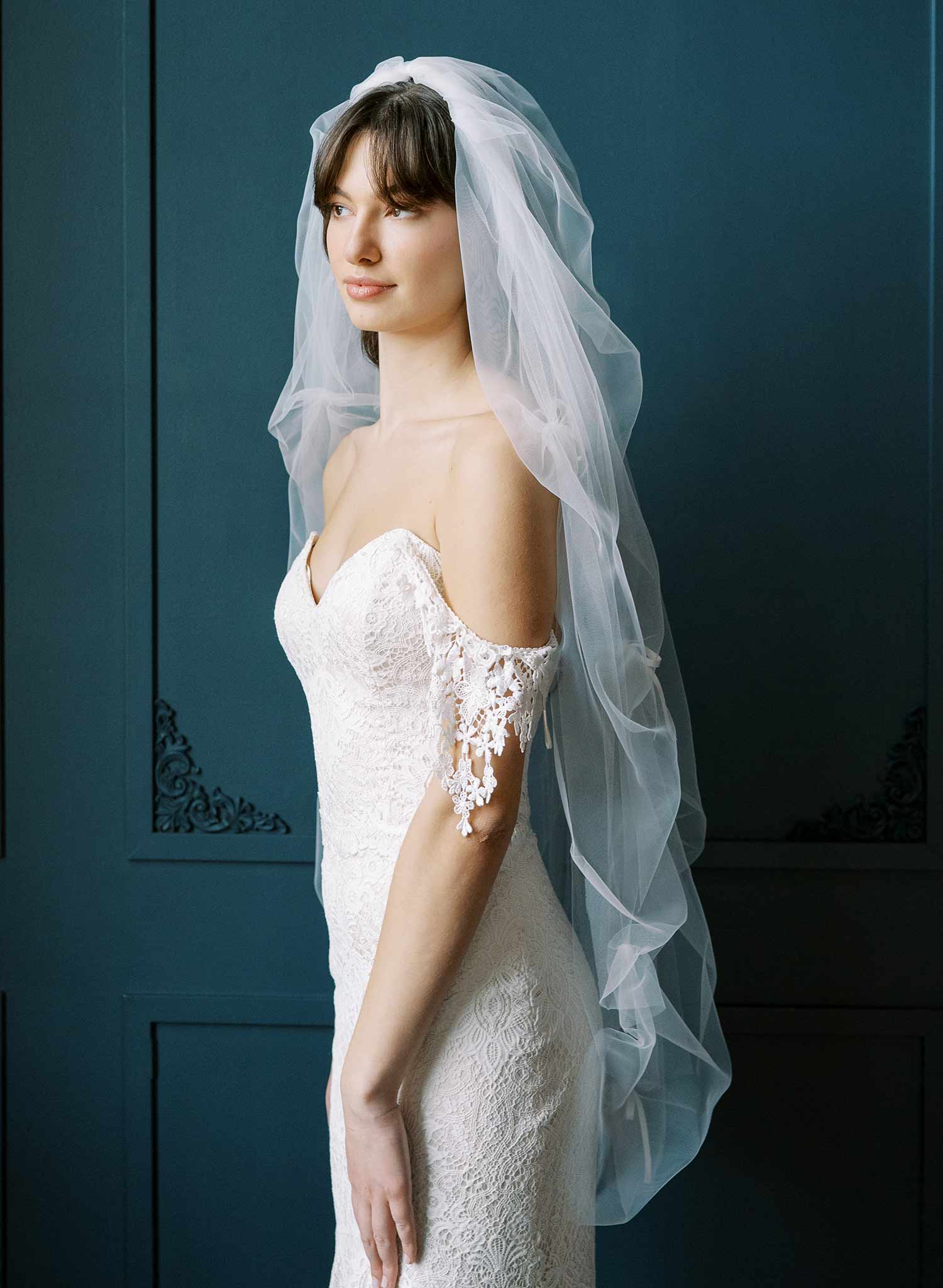 Elegant Ruched Silk Bow Veil with Gathered Details - Style #2523 | Perfect for Weddings, Bridal Accessories, and Special Occasions