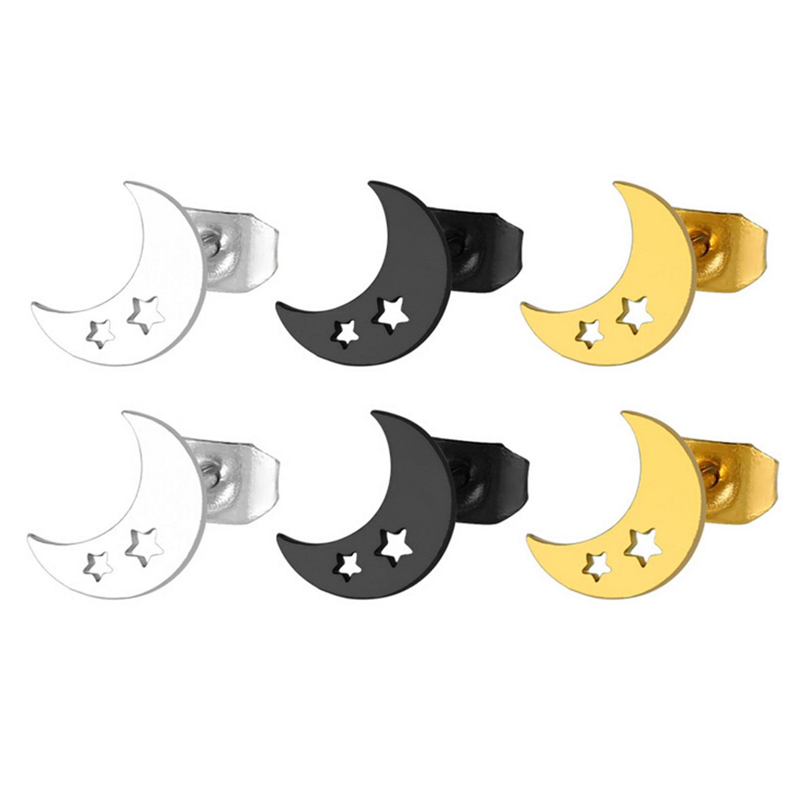 Black Stainless Steel Moon Stud Earrings Set - 3 Pairs Pack for Women | Hypoallergenic Fashion Jewelry for Everyday Wear, Parties & Gifts