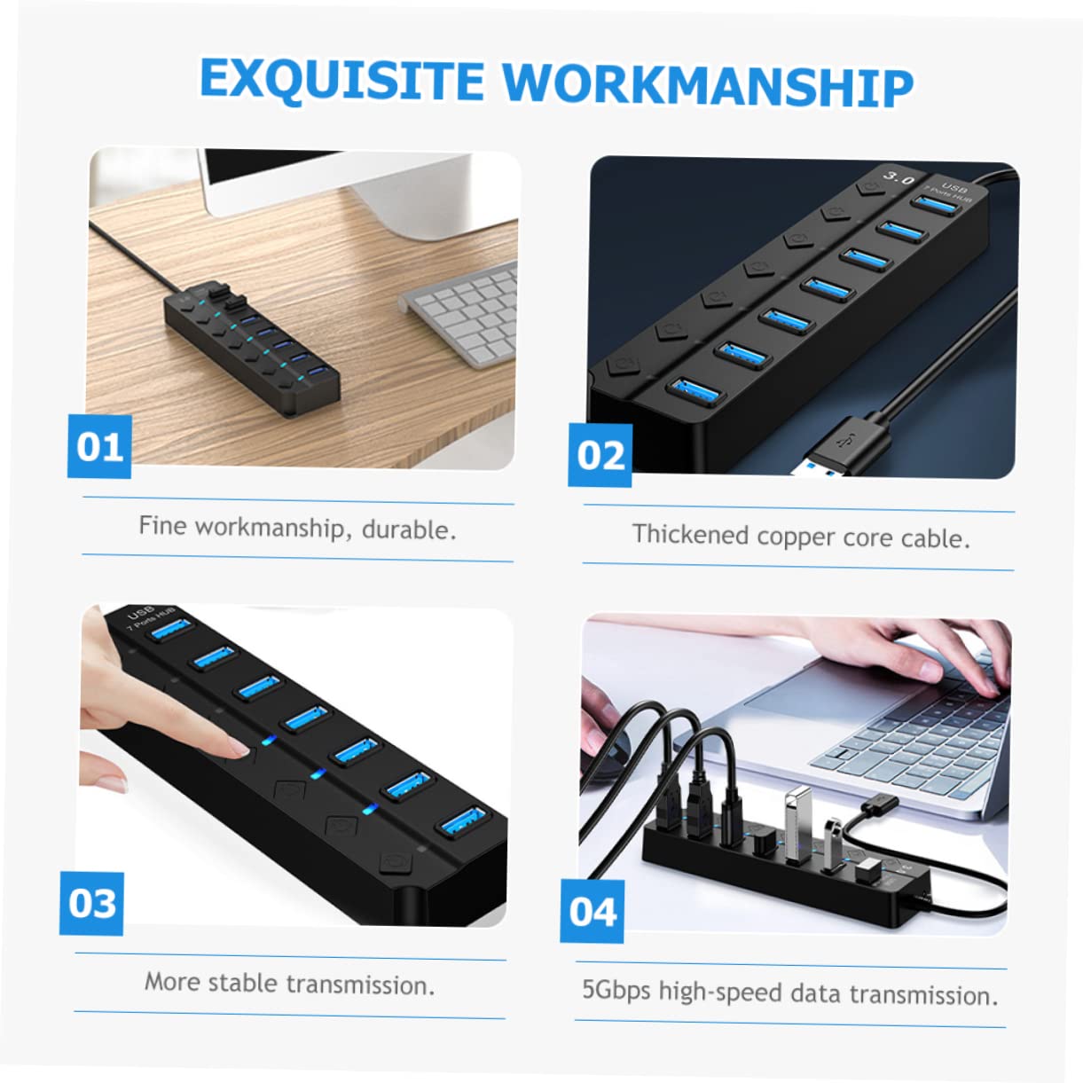 Jojofuny 2-Pack 7-Port USB Hub Expander - High-Speed USB 3.0 Extension Hub with Multiple Ports for Laptop, PC, Mac - Perfect for Office, Home & Travel Use