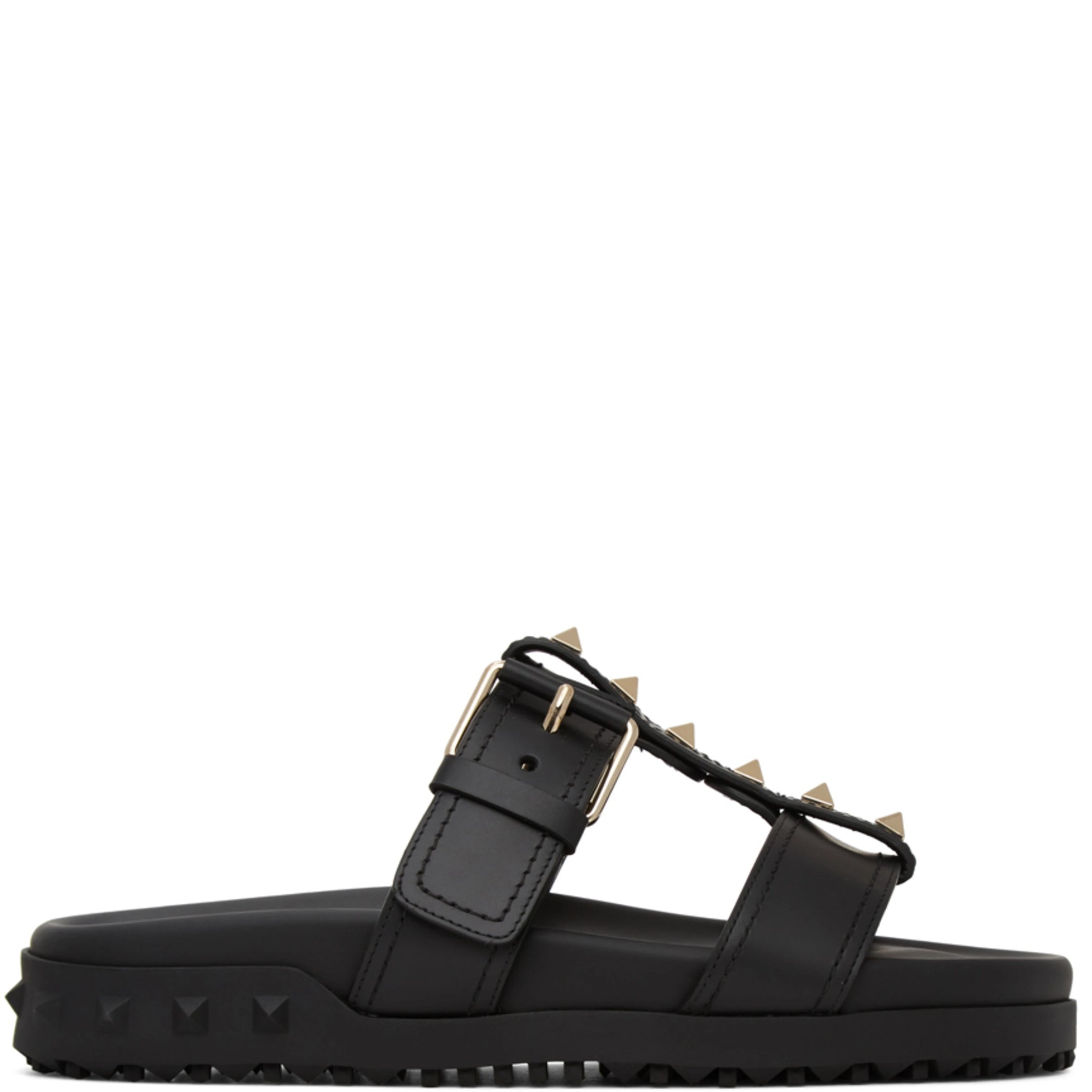 Rockstud Flat Base Slide Sandals for Women - Black Leather Comfortable Slides | Perfect for Beach, Pool, and Summer Casual Outfits