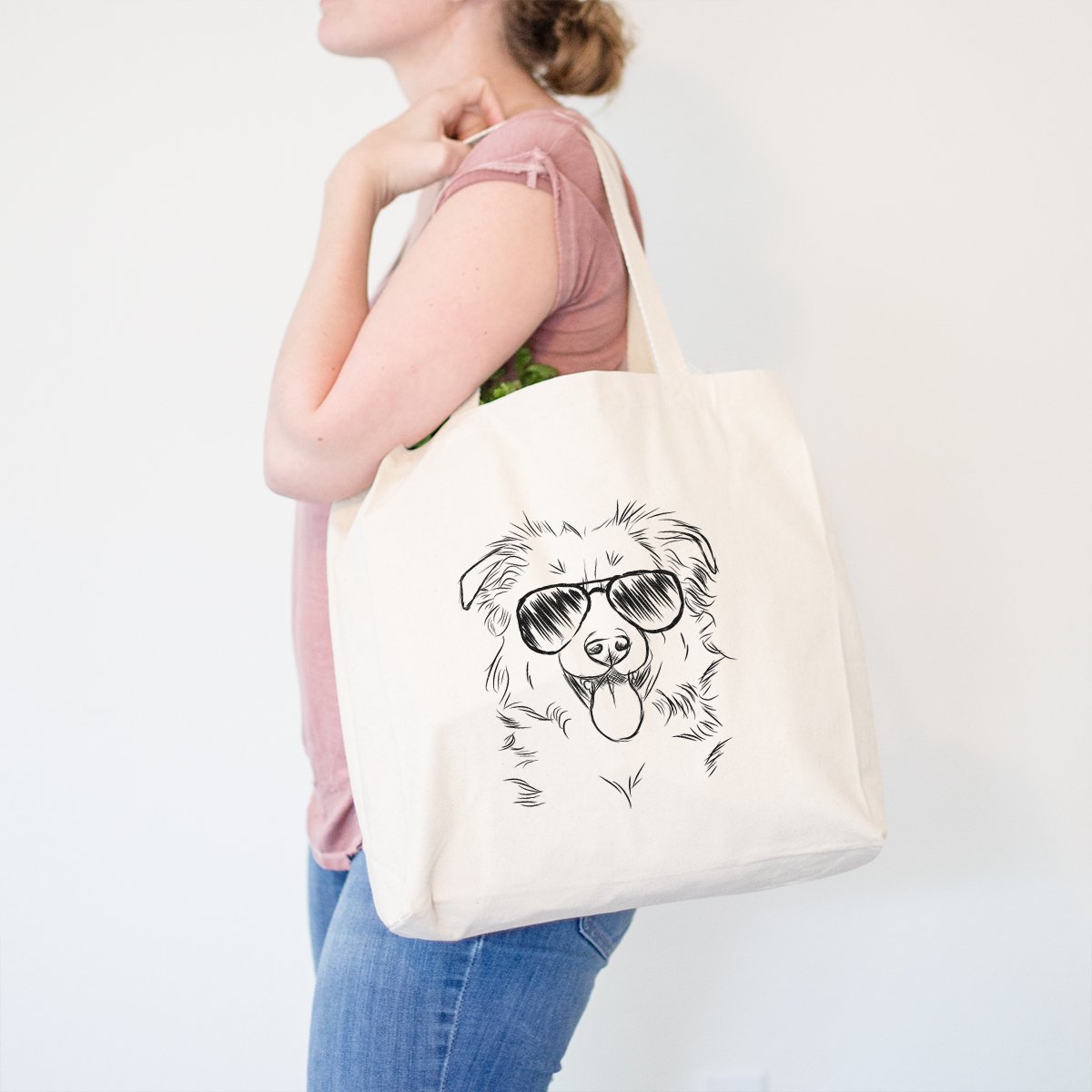 Tucker the Aviator Collie Shepherd Heavy Duty 100% Cotton Canvas Tote Bag - Reusable Grocery Shopping Bag (14.75