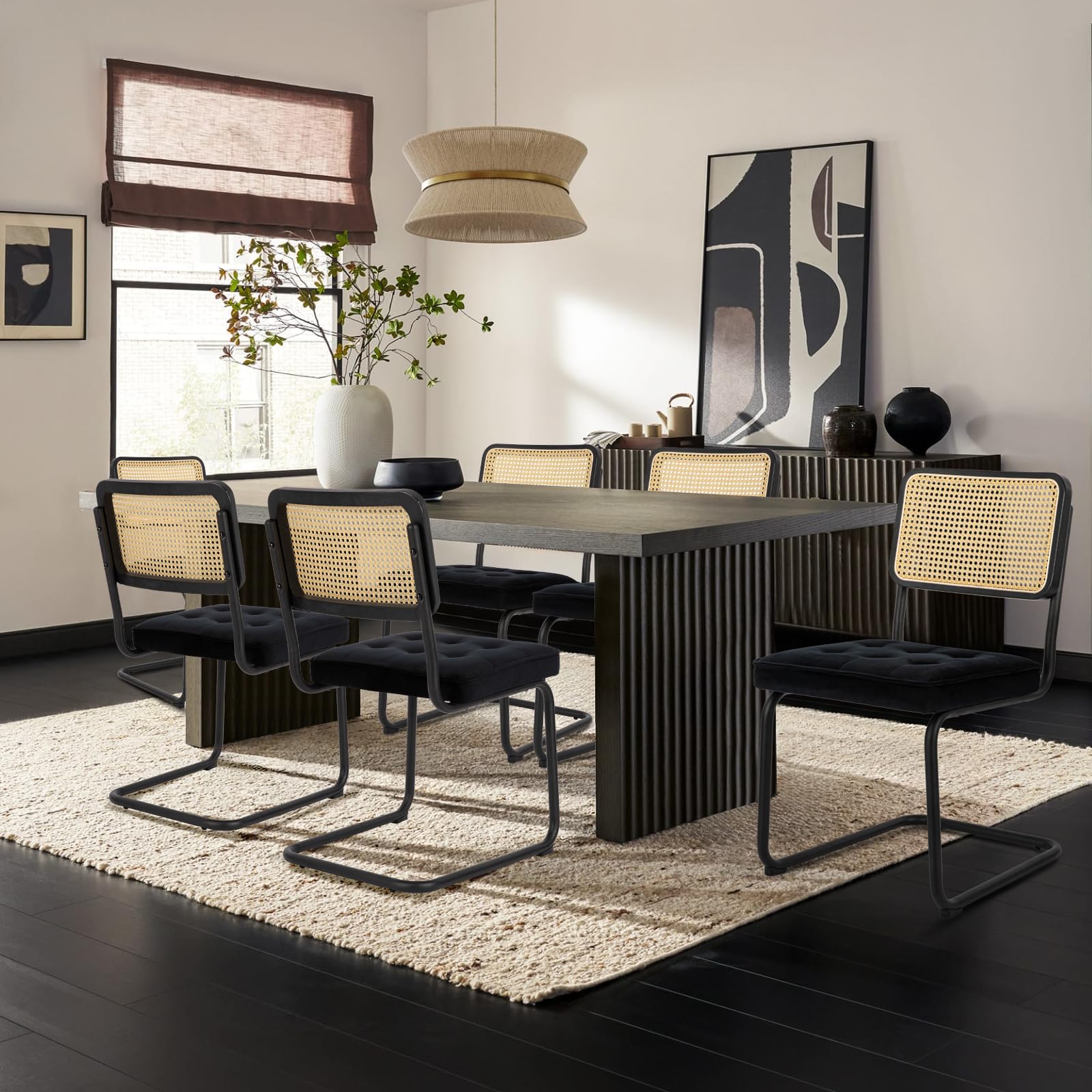 COLAMY Mid Century Modern Dining Chairs Set of 4 - Velvet Upholstered Rattan Chairs with Chrome Metal Legs for Kitchen, Dining Room, Living Room | Elegant Home Decor for Entertaining & Daily Use