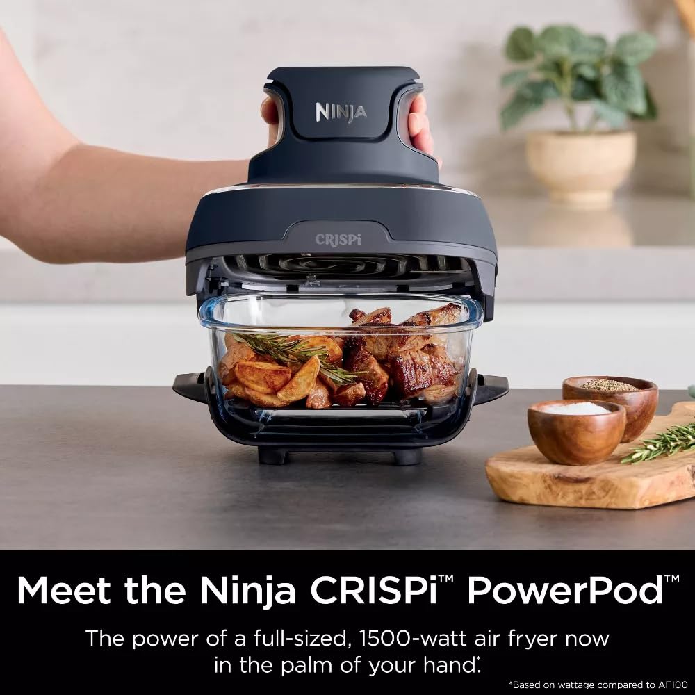 Ninja Crisp FN101GY 4-Qt 1750W Electric Air Fryer & Portable Cooking System - Microwave, Freezer & Dishwasher Safe Glass Containers - Bake, Roast & Reheat - Includes 6-Cup Glass Containers with Lids (Grey) - Perfect for Small Kitchens, Dorms & Quick Healthy Meals