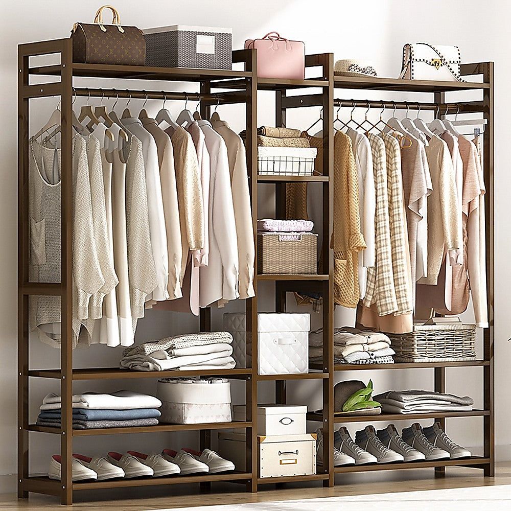 Portable Bamboo Clothes Rack - Adjustable Garment Stand with Hanging Rod for Coat, Dress, Jacket - Space Saving Closet Organizer for Bedroom, Laundry Room & Dorm