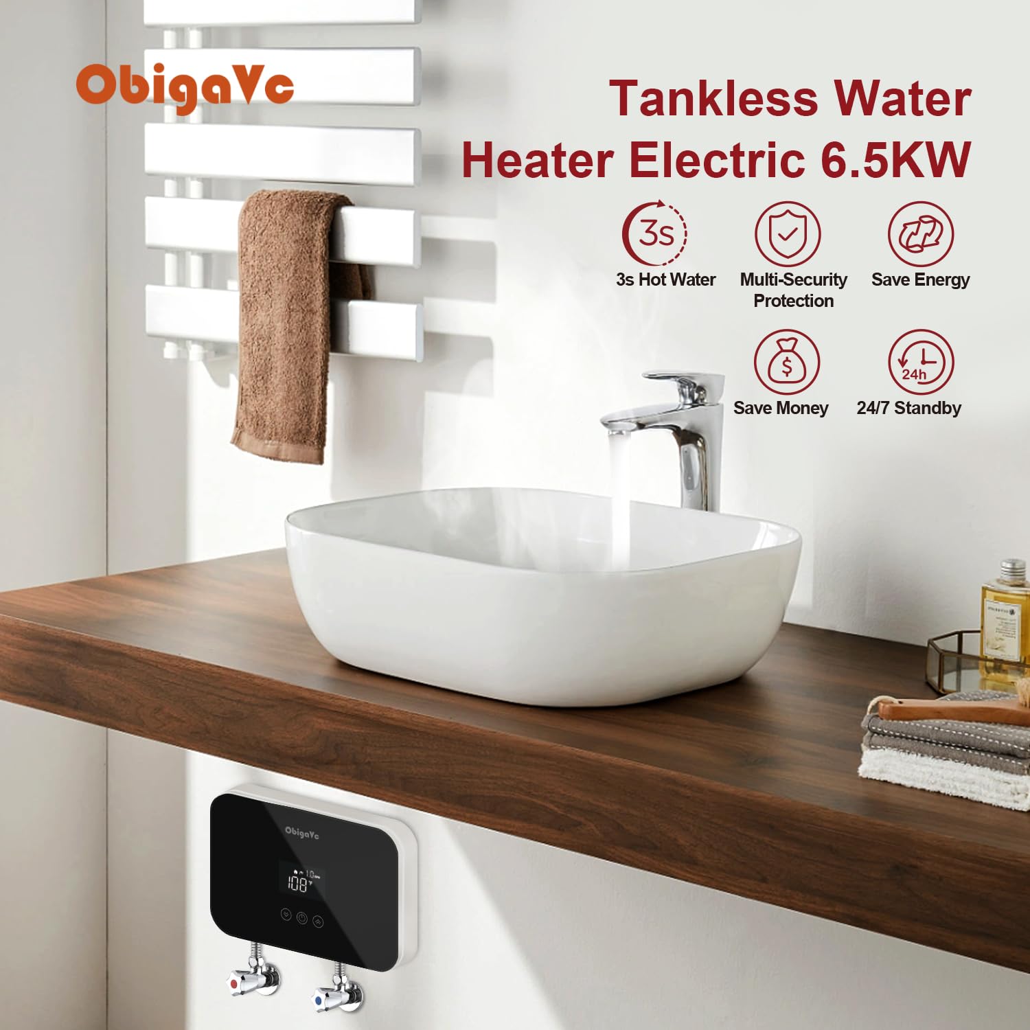 6.5KW Electric Tankless Water Heater - Compact On-Demand Instant Hot Water System 240V for Under Sink, Kitchen, Bathroom & RV Use