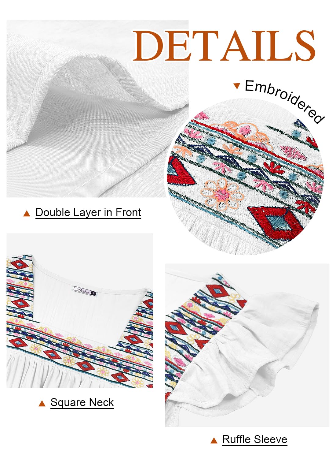 DOROSE Women's Square Neck Embroidered Boho Blouse - Flowy Ruffle Sleeve Peasant Top for Casual Wear, Date Night & Summer Outfits