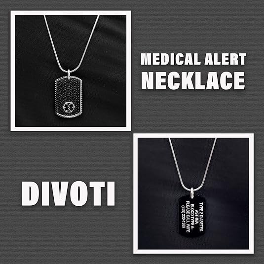 Divoti Custom Engraved Medical Alert Necklace for Men & Women - Black Dog Tag Style Medical ID Jewelry for Emergency Health Conditions (Diabetes, Allergies, Heart Conditions)