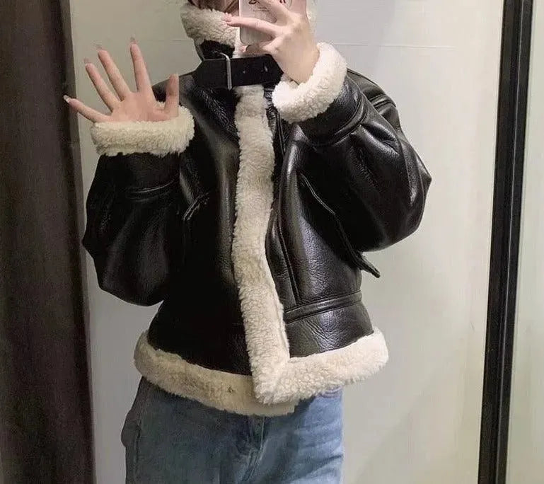Vintage Winter Leather Jackets for Women - Warm Faux Fur Lined Coats - Stylish Outerwear for Cold Weather, Snow, and Holiday Outfits