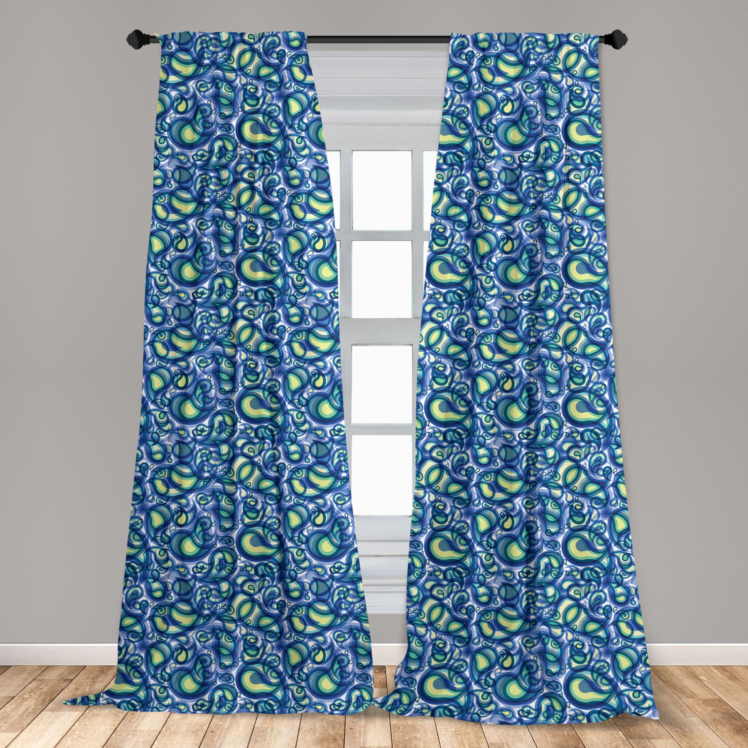 Ambesonne Paisley Window Curtains - Ocean Wave Design with Raindrop Art, Lightweight 2-Panel Set with Rod Pocket (28