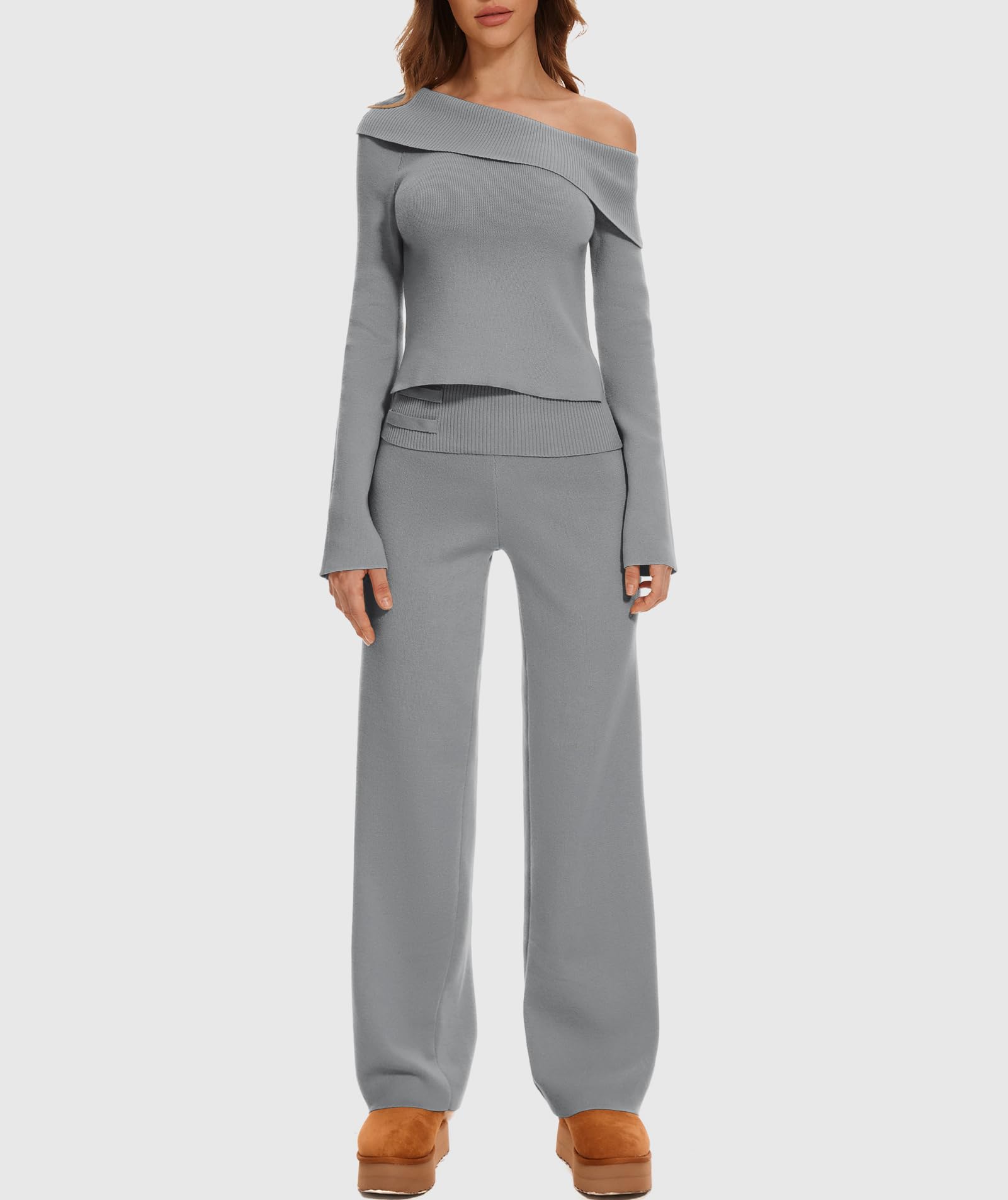 Women's 2-Piece Lounge Set - Off Shoulder Cropped Sweater & Wide Leg Pants Knit Outfit | Y2K Casual Wear for Home, Travel & Street Fashion