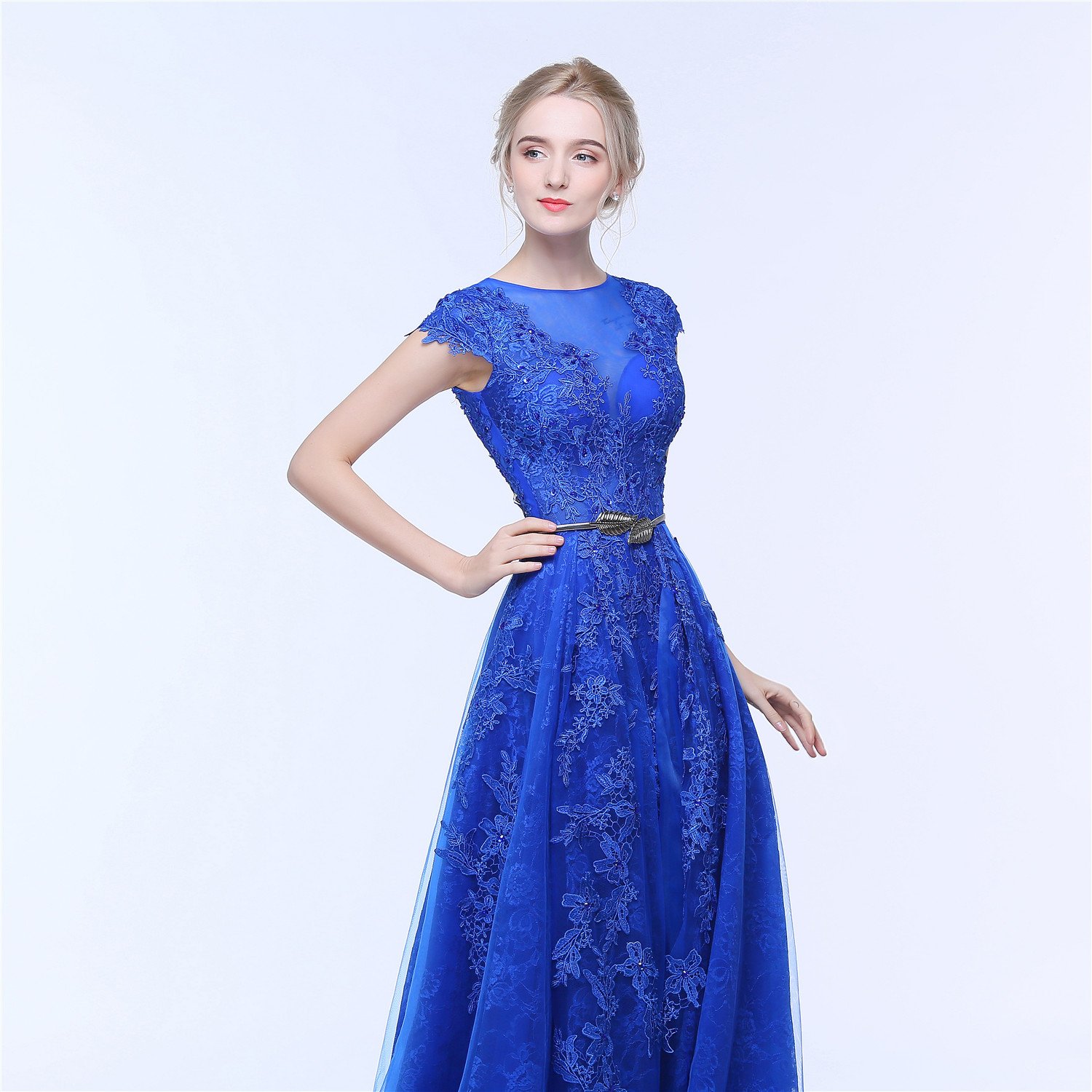 Elegant Blue Homecoming Dress with Lace Applique, Short Sleeve A-Line Long Dress for Prom, Formal Events & Special Occasions