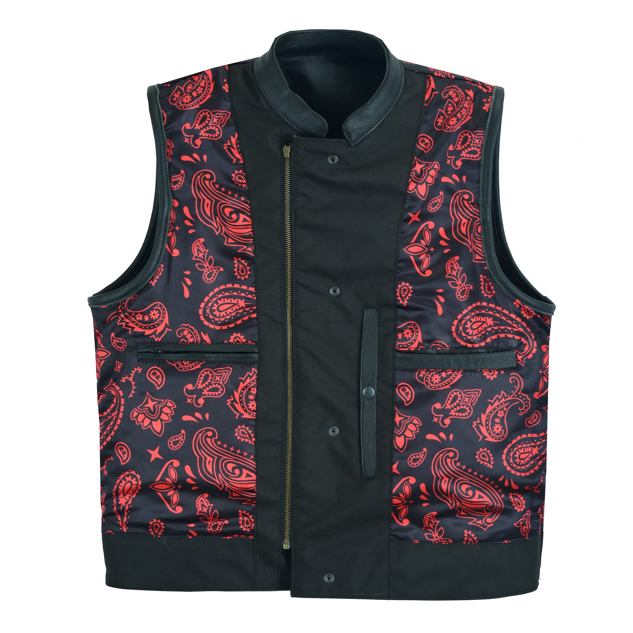 Leatherick Men's Black Motorcycle Vest - SOA Club & Traditional Paisley Satin Lined Leather Biker Jacket for Riding, Motorcycle Events & Casual Wear