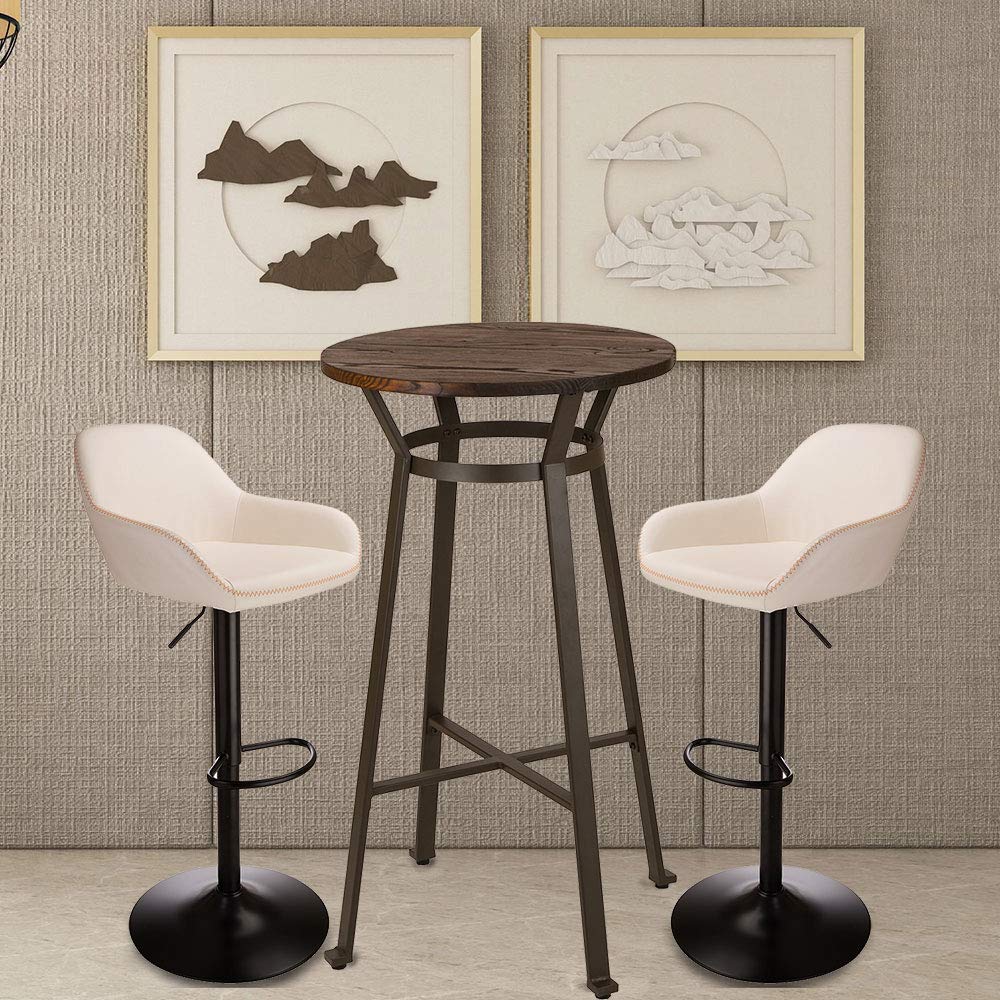 Glitzhome 3-Piece Pub Table and Chairs Set - Round Rustic Bar Height Table with Adjustable Swivel Bar Stools for Kitchen, Bistro, Dining Room & Breakfast Nook - Perfect for Small Spaces, Entertaining & Casual Dining