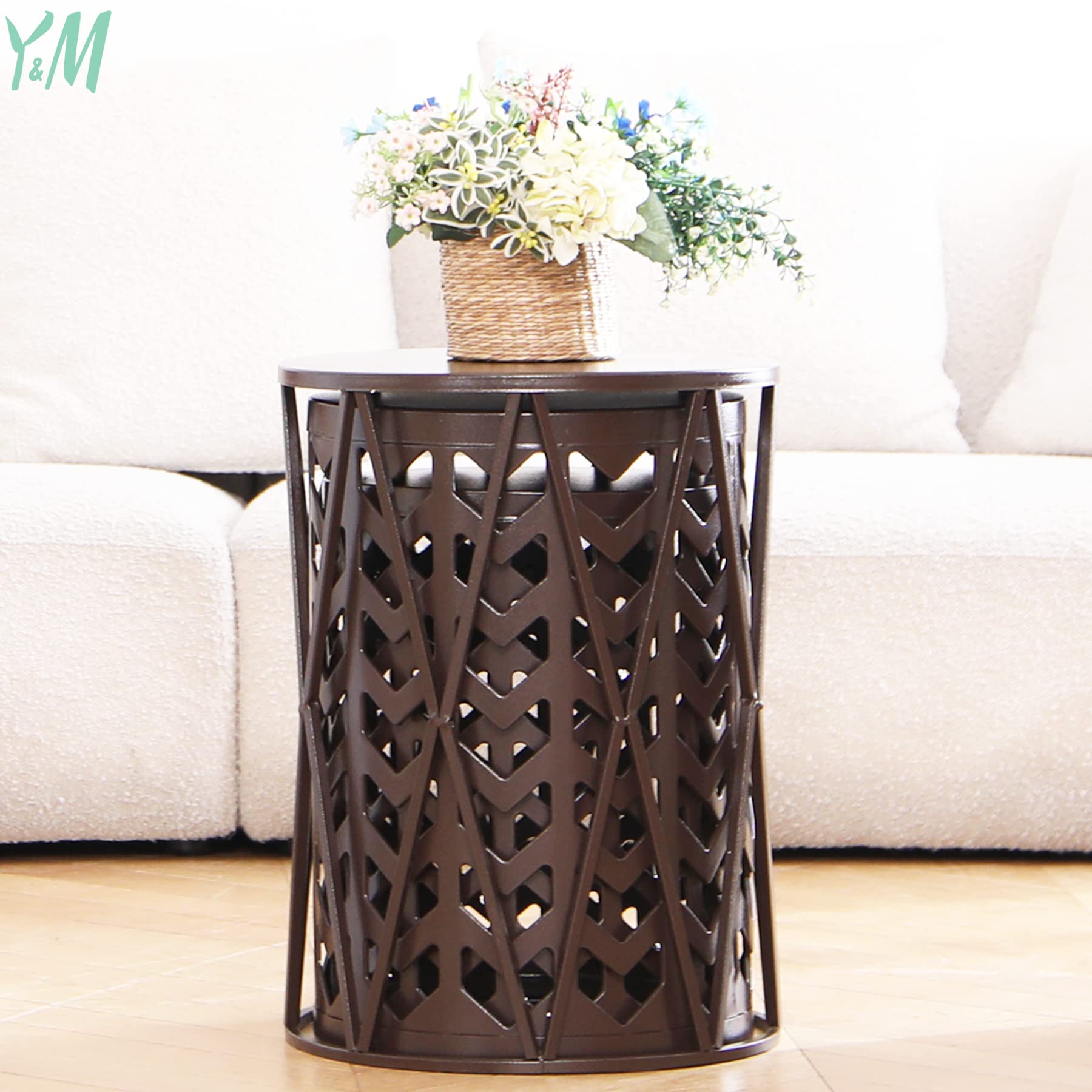 Y&M Set of 3 Round Heavy-Duty Side Tables - End Tables, Coffee Tables for Indoor & Outdoor Use - Decorative Garden Stool, Plant Stand - Pure Brown (US Shipping) - Perfect for Living Room, Patio, and Balcony Decor