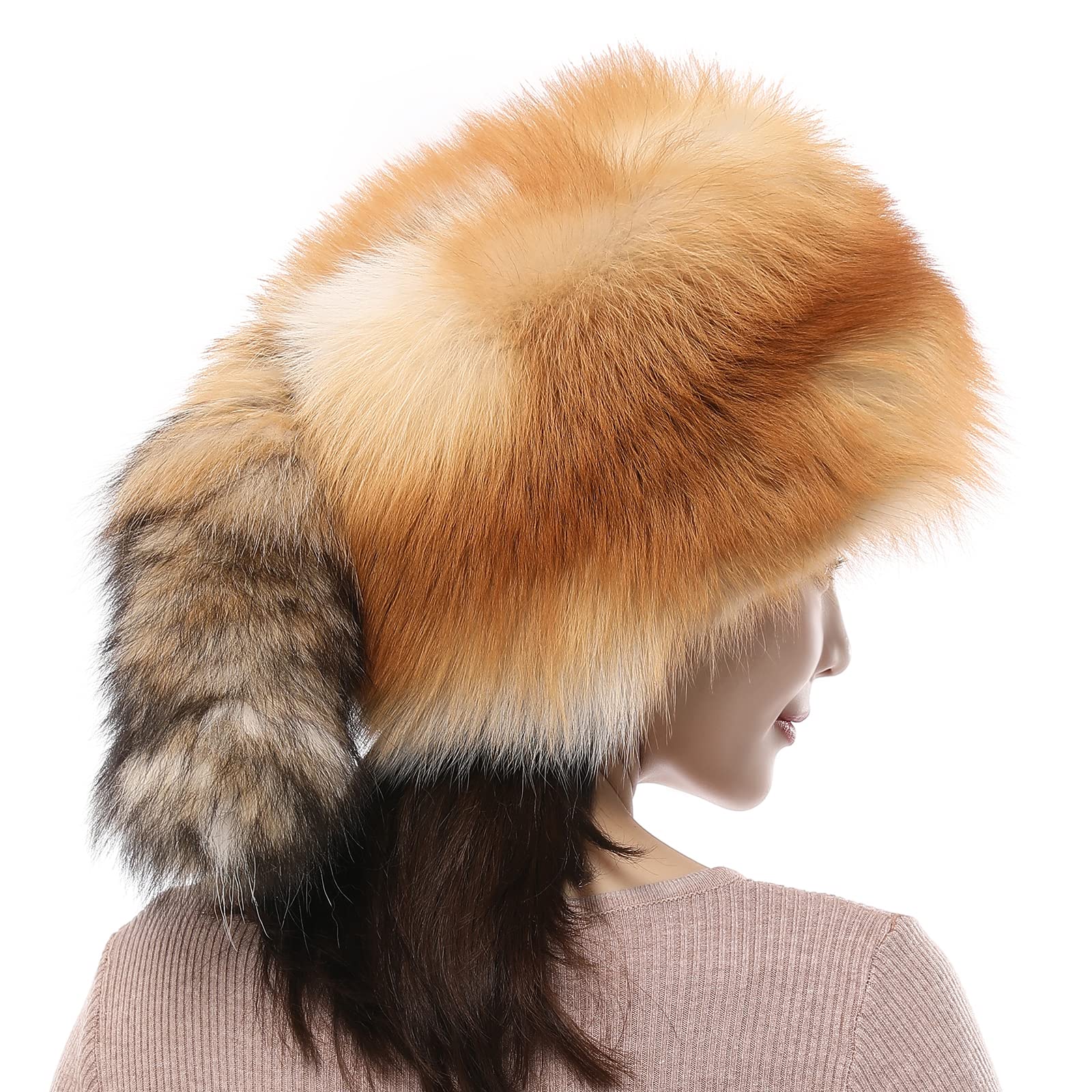 Valpeak Women's Russian Fox Fur Winter Hat - Real Fur, Fluffy & Fuzzy with Furry Tail - Warm Cold Weather Beanie for Outdoor Activities, Skiing, Snowboarding & Fashion