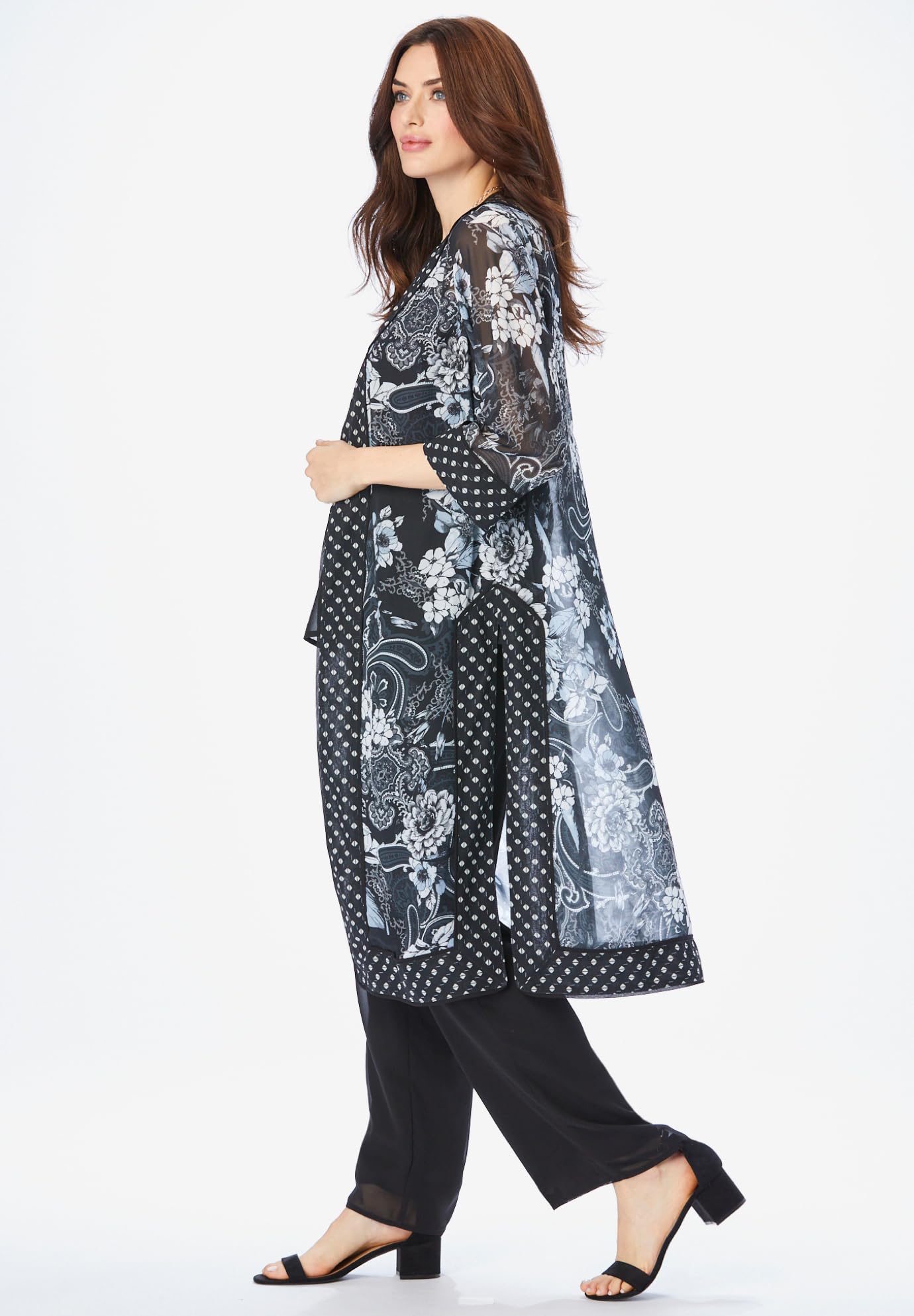 Roaman's Women's Plus Size 3-Piece Duster & Pant Suit Outfit - Elegant Casual Wear for Work, Church & Special Occasions
