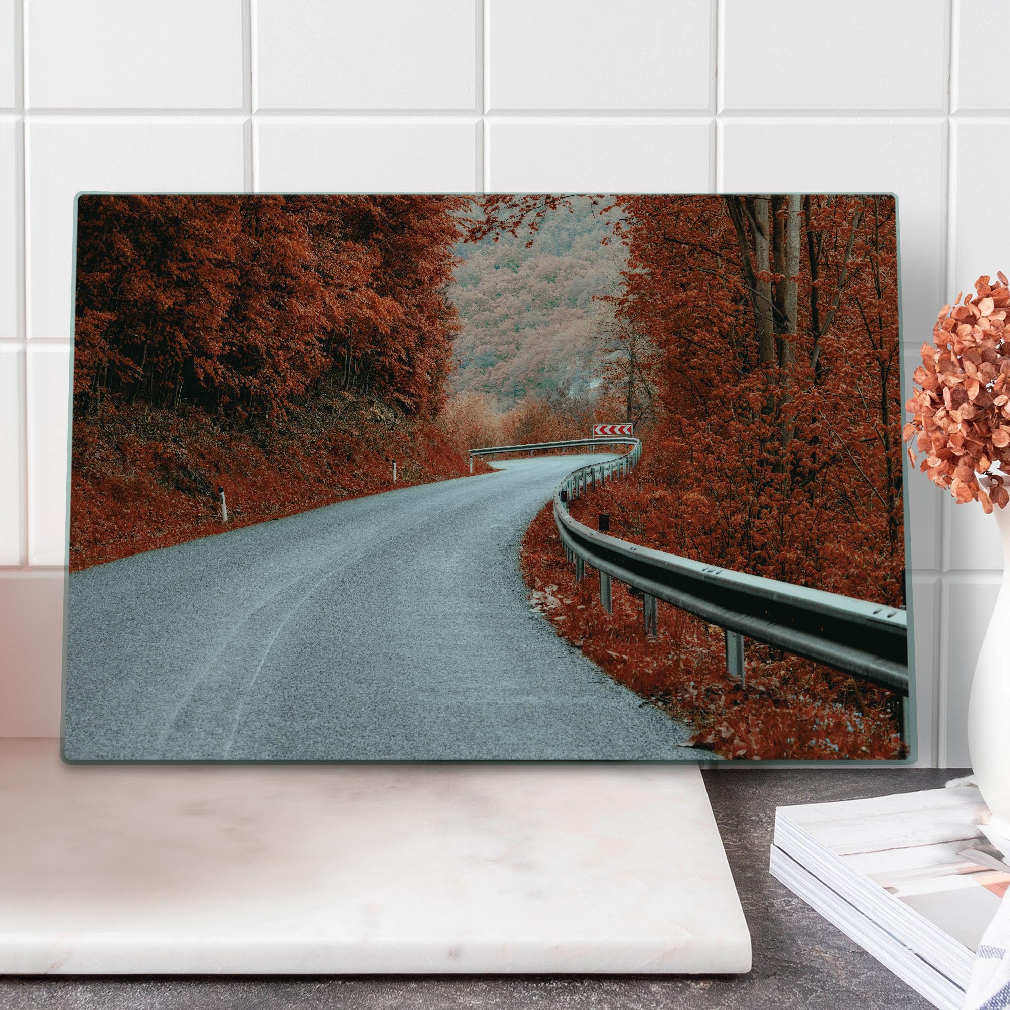 Ambesonne Fall Themed Tempered Glass Cutting Board - Dreamy Asphalt Road with Autumn Colors, Large Size (16x12 Inches) - Durable Kitchen Serving Board for Entertaining, Holiday Meals & Home Decor - Orange & Pale Grey Design