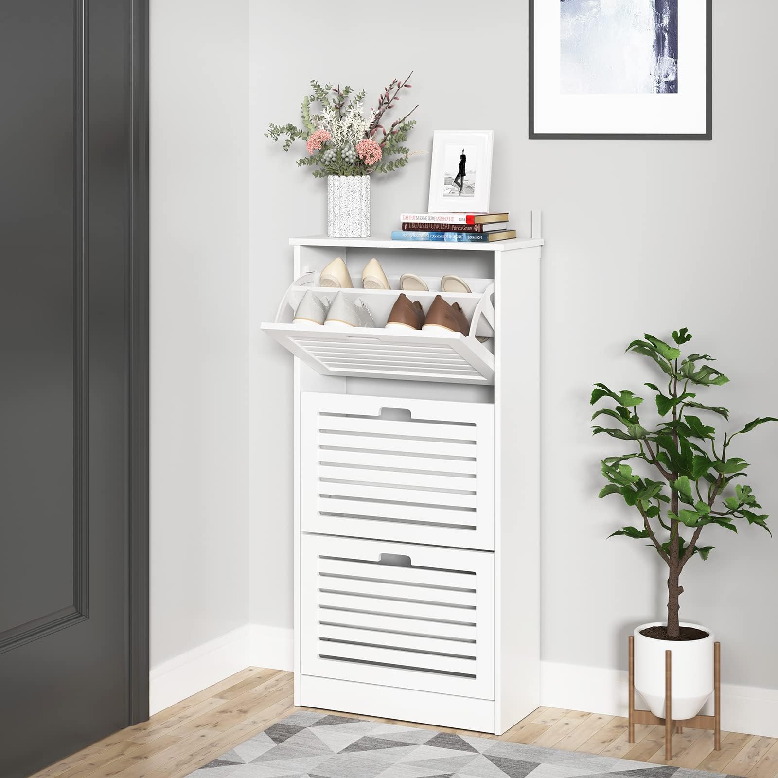 Modern White Shoe Storage Cabinet with 3 Flip Louvered Doors & Adjustable Shelf - Entryway Hallway Organizer for Shoes, Hats & Accessories | Perfect for Small Spaces, Apartments & Mudrooms