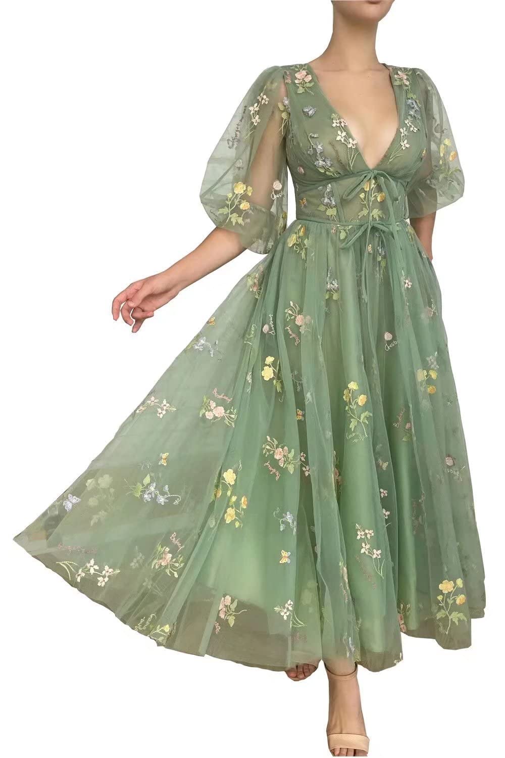 Verngo Puffy Sleeve Prom Dresses for Women - Floral Embroidered Green Tulle Evening Gowns for Homecoming, Ball & Party | Elegant Formal Wear for Special Occasions