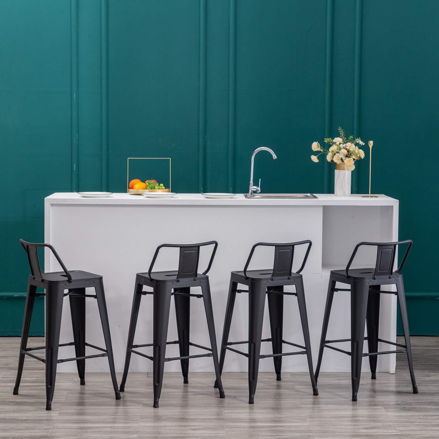 Yongqiang 24 Inch Metal Bar Stools Set of 4 - Matte Black Kitchen & Dining Counter Height Stools with Back Support - Perfect for Indoor, Outdoor, Bars, Restaurants & Home Kitchen Islands