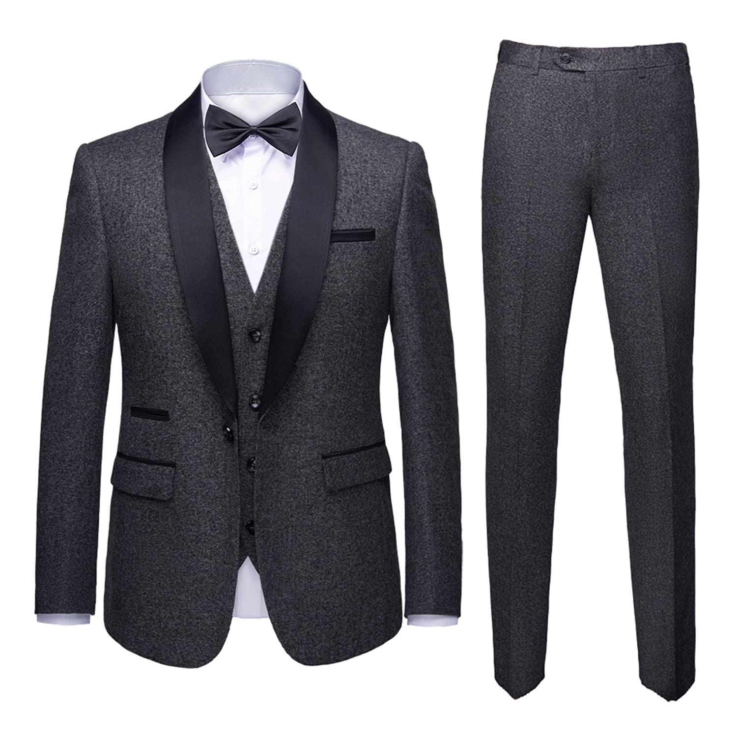 MY'S Men's 3-Piece Slim Fit Tuxedo Suit Set with Shawl Lapel, Single Button Dinner Jacket, Vest & Pants - Formal Wedding, Prom, Black Tie Event Attire