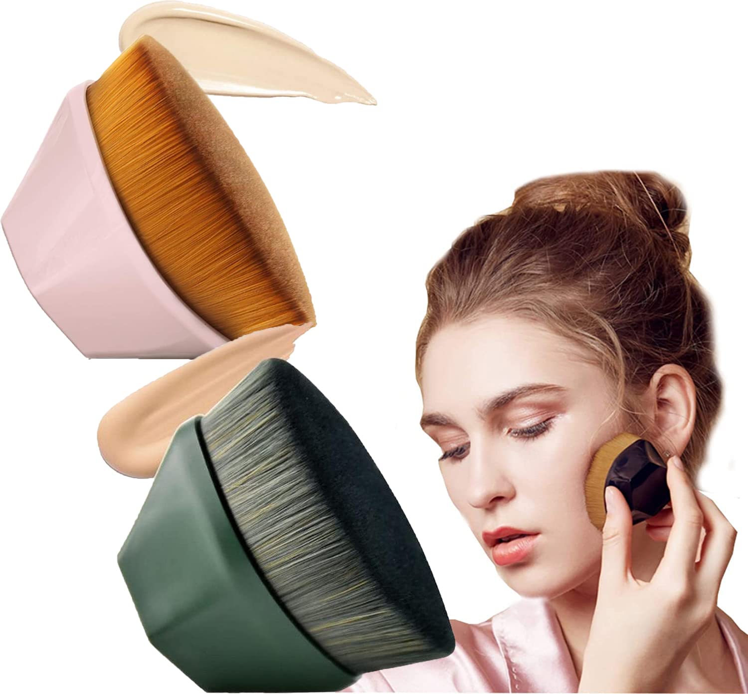 Flat Top Kabuki Makeup Brush Set - 4 Pack (Pink+Green) for Foundation & Concealer Application