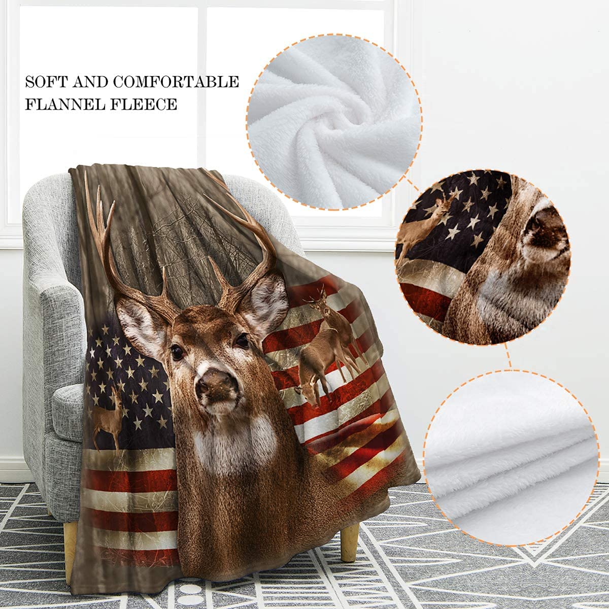 Jekeno American Flag Deer Blanket - USA Patriotic Throw Blanket for Men, Women, Adults & Kids - Hunting Gifts, Independence Day Decor - Perfect for Home, Bed, Couch, Camping & Outdoor Adventures