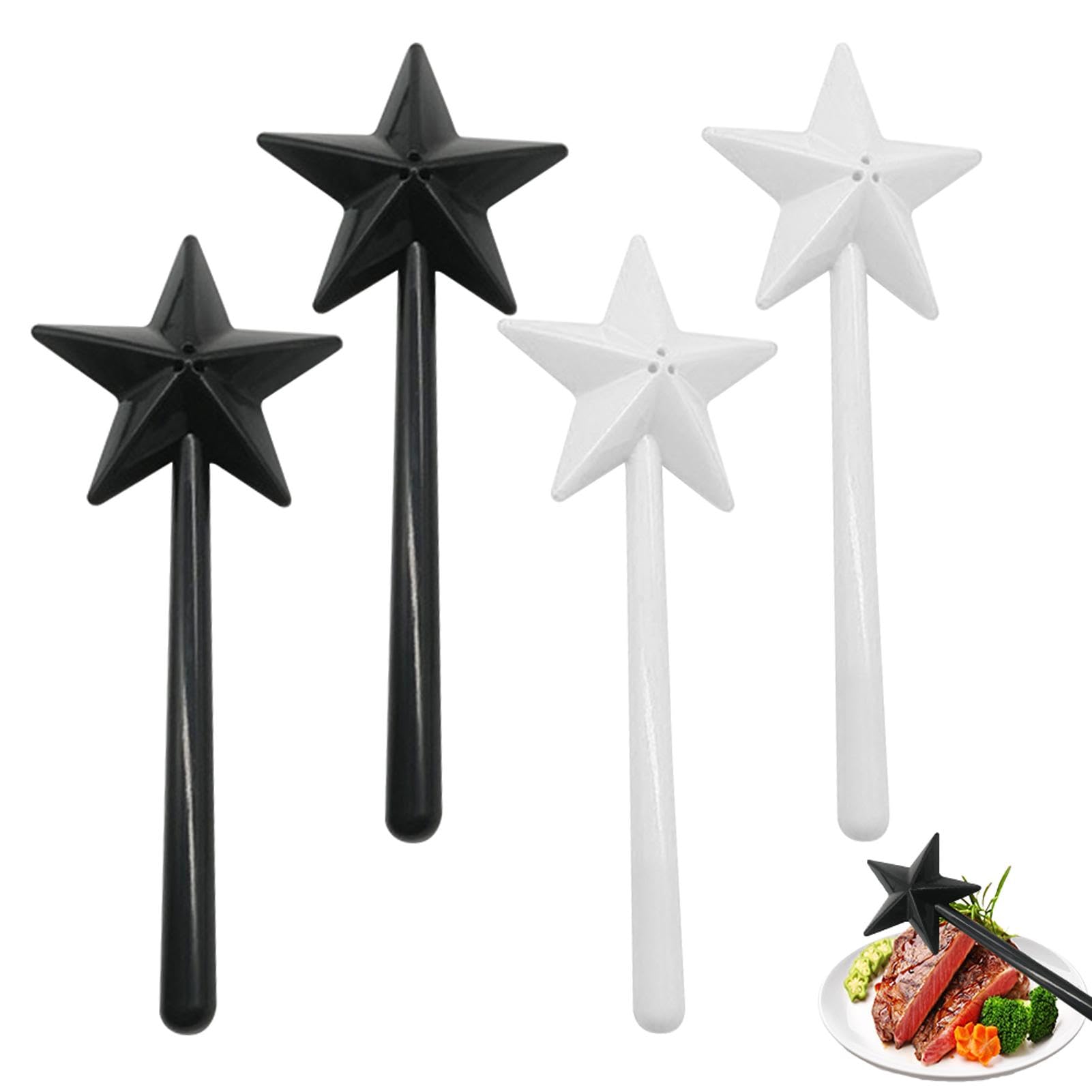 4PCS Star Wand Salt and Pepper Shakers - Magic Seasoning Bottle with 3 Holes - Refillable Spice Shaker Set for Halloween, Christmas & Kitchen Decor - Perfect for Cooking, Baking and Party Table Decorations