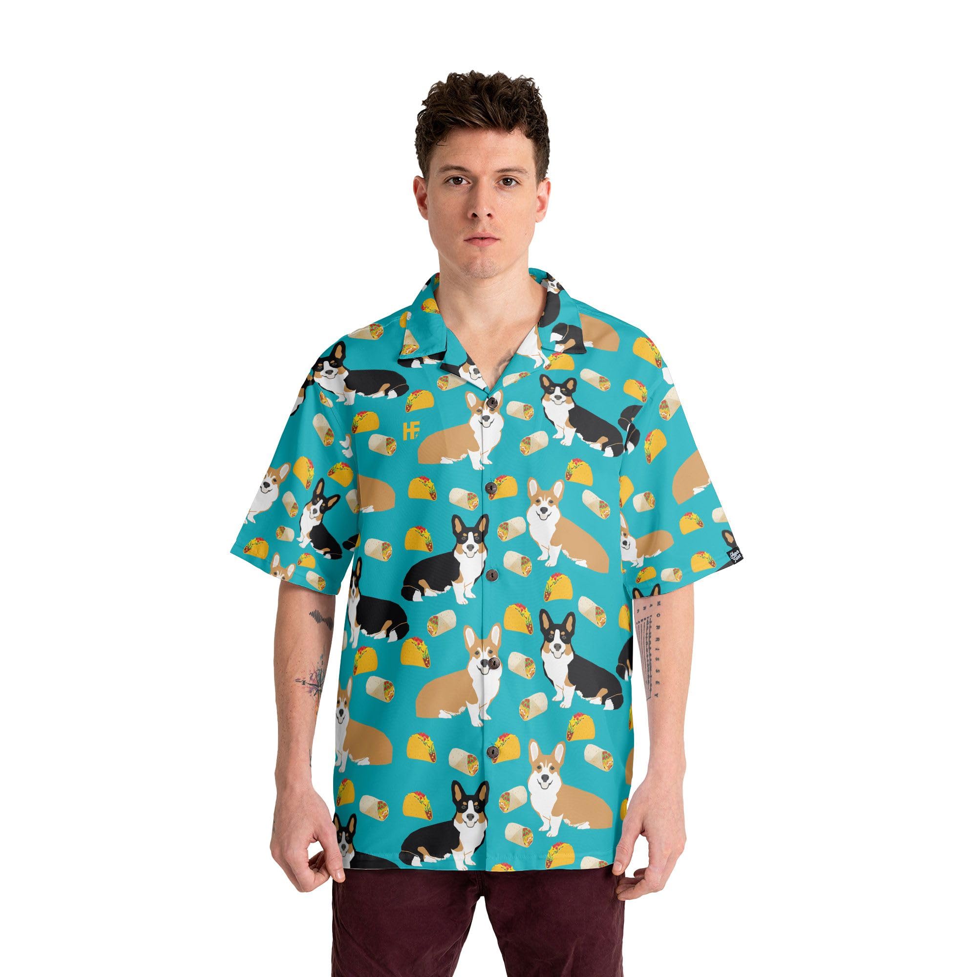 HYPERFAVOR Men's Corgi Hawaiian Shirts - Cute Button Down Dog Lover Gift for Corgi Owners - Perfect for Beach Parties, Summer Vacations & Casual Outings