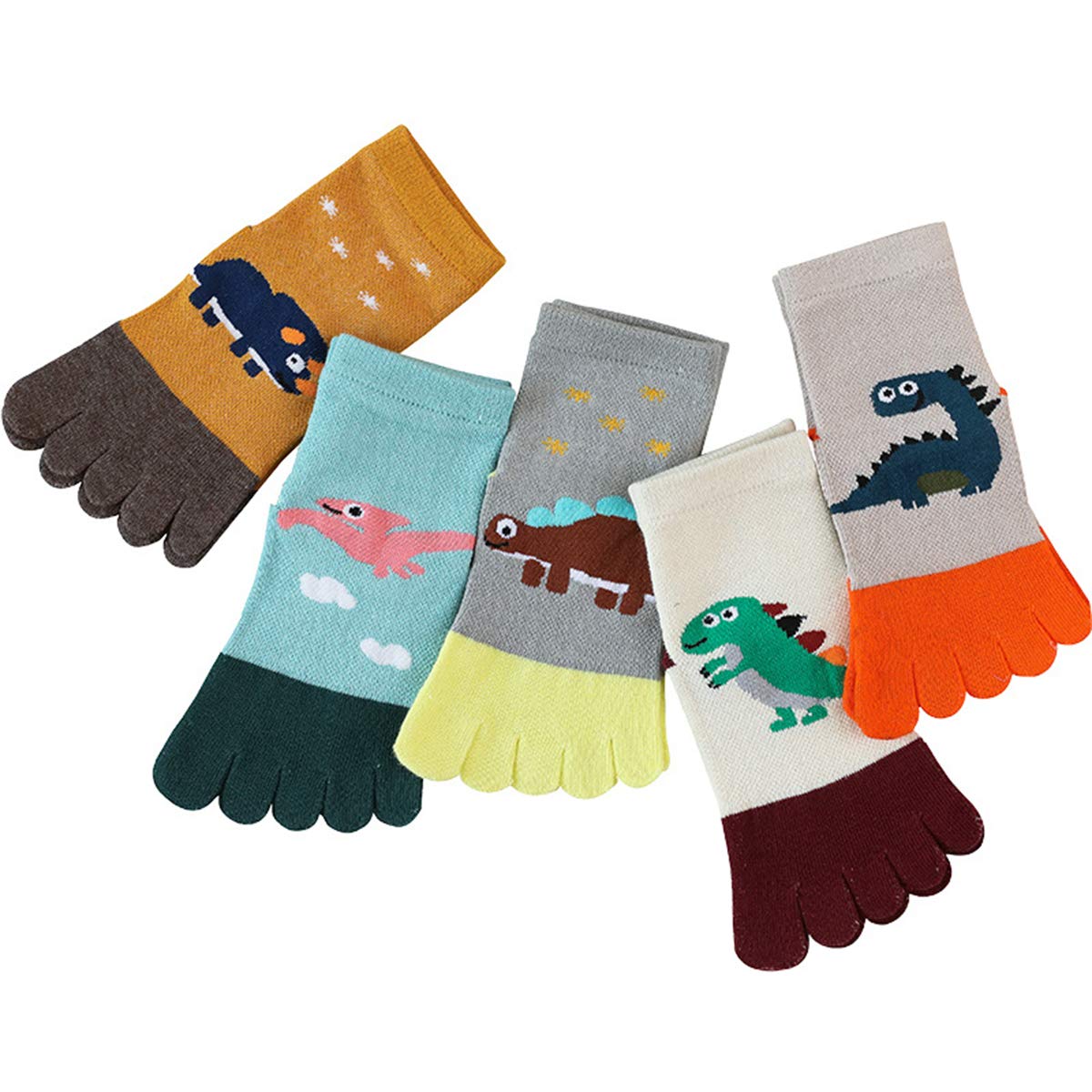 Haokaini 5 Pairs Kids Toe Socks for Boys & Girls (1-10 Years) - Soft Cotton Five Finger Socks with Cute Cartoon Animal Patterns, Breathable & Warm Crew Ankle Socks - Perfect for School, Playtime & Winter Activities