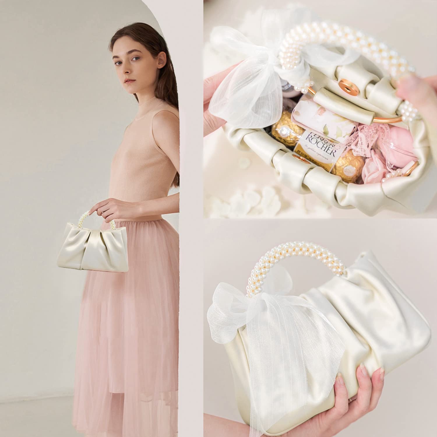 Elegant Pearl Embellished Women's Evening Purse - Soft Leather Ruched Clutch Bag for Wedding, Bridal, Party & Prom - Crossbody Handbag for Special Occasions & Night Out