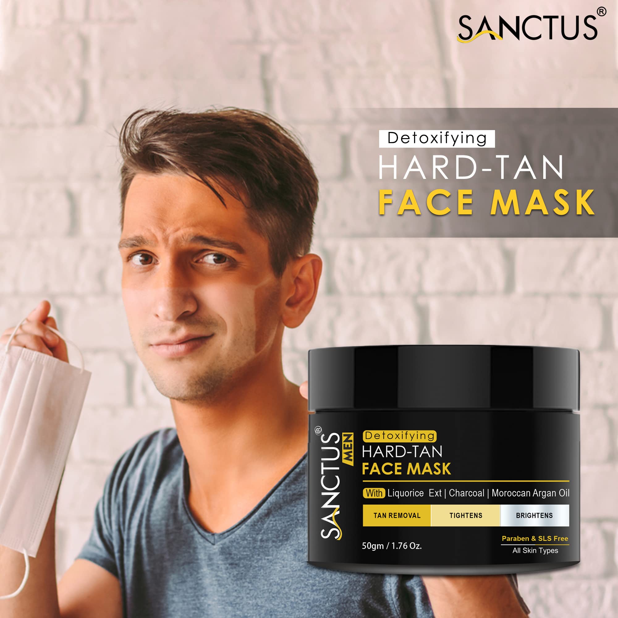 Men's Hard Tan Removal Face Mask - Fade Pigmentation & Dark Spots, Lighten Scars with Natural Extracts (Liquorice, Bamboo Charcoal, Argan Oil, Tea Tree Oil, Seabuckthorn) - 50g - Perfect for Post-Sun Care & Acne Scar Treatment