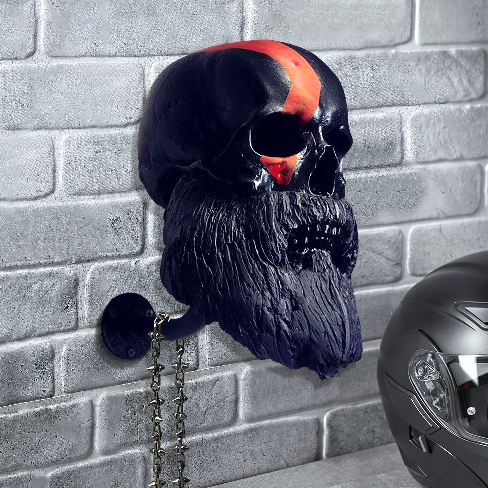 Kocuos Motorcycle Skull Helmet Holder - Detachable Resin Wall Mount Helmet Rack for Bike, Baseball & Rugby Helmets - Gothic Skull with Beard Design - Perfect for Garage, Man Cave & Motorcycle Accessories Display