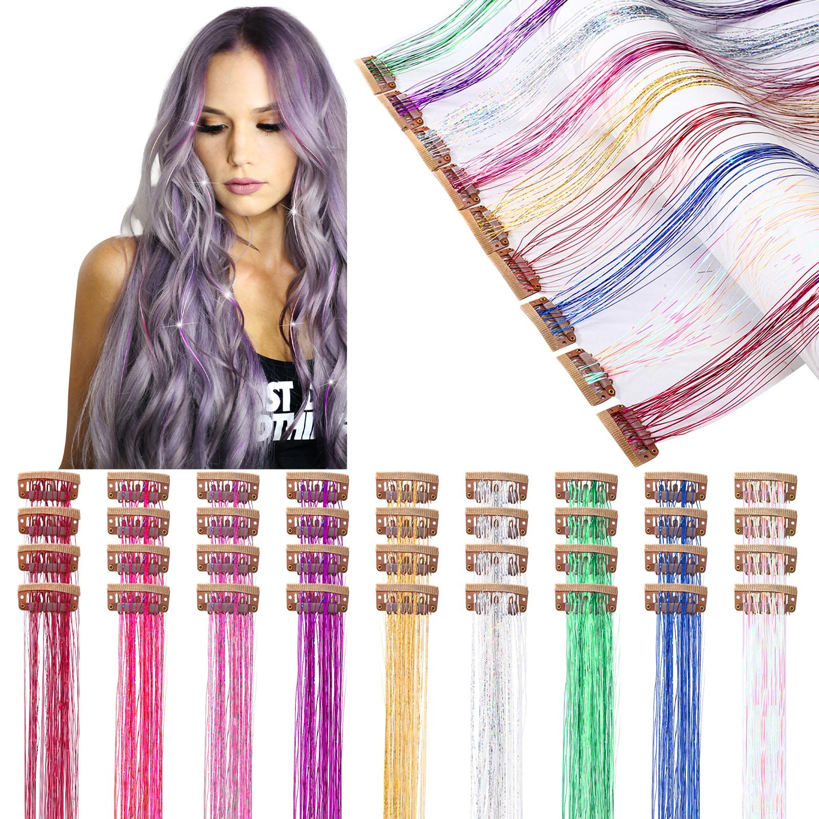 Panelee 36 Pcs 19.7 Inch Clip-in Hair Tinsel Extensions Kit - Heat Resistant Glitter Hair Accessories for Women (Retro Colors) | Perfect for Parties, Concerts, Festivals & Special Occasions
