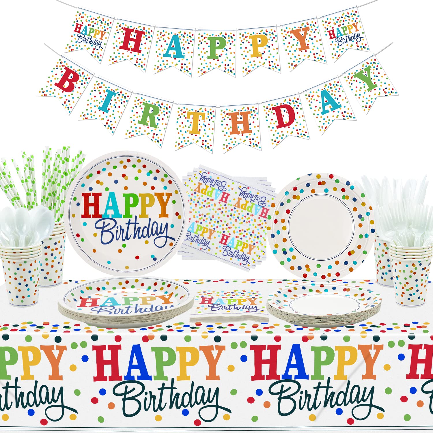 Vibrant Rainbow Party Supplies Set - 20-Piece Birthday Decorations Kit with Colorful Banner, Polka Dot Plates, Napkins, Cups, Tablecloth & Utensils for Kids & Adults | Perfect for Birthday Parties, Baby Showers & Celebrations