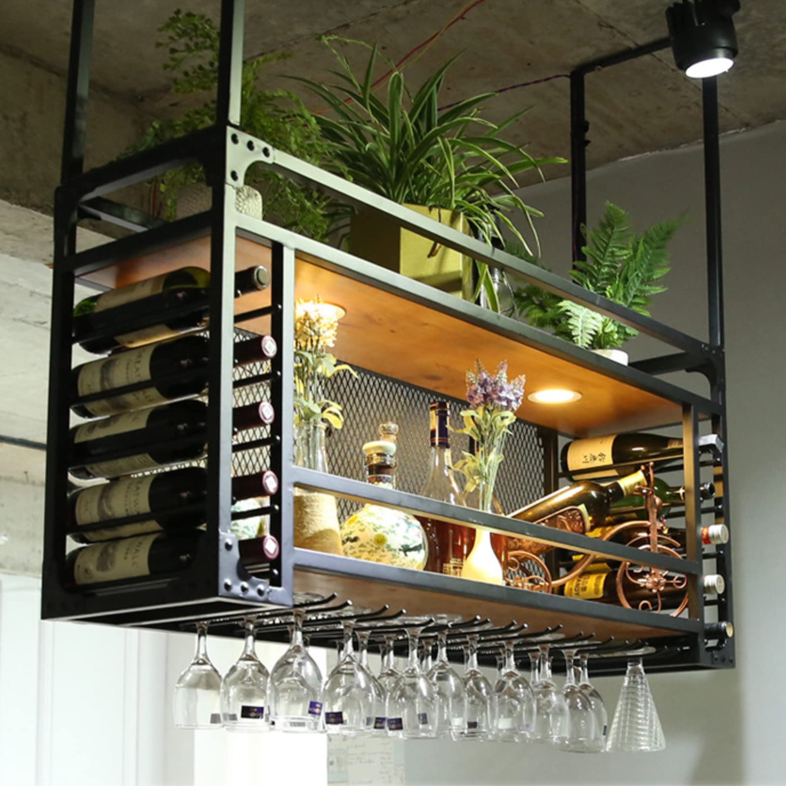 Premium Black Metal Ceiling Wine Glass Rack with Hanging Holder & Shelf - 55.1in Stemware Storage for Bars, Restaurants, Kitchens - Perfect for Wine Cellars, Home Bars & Commercial Establishments
