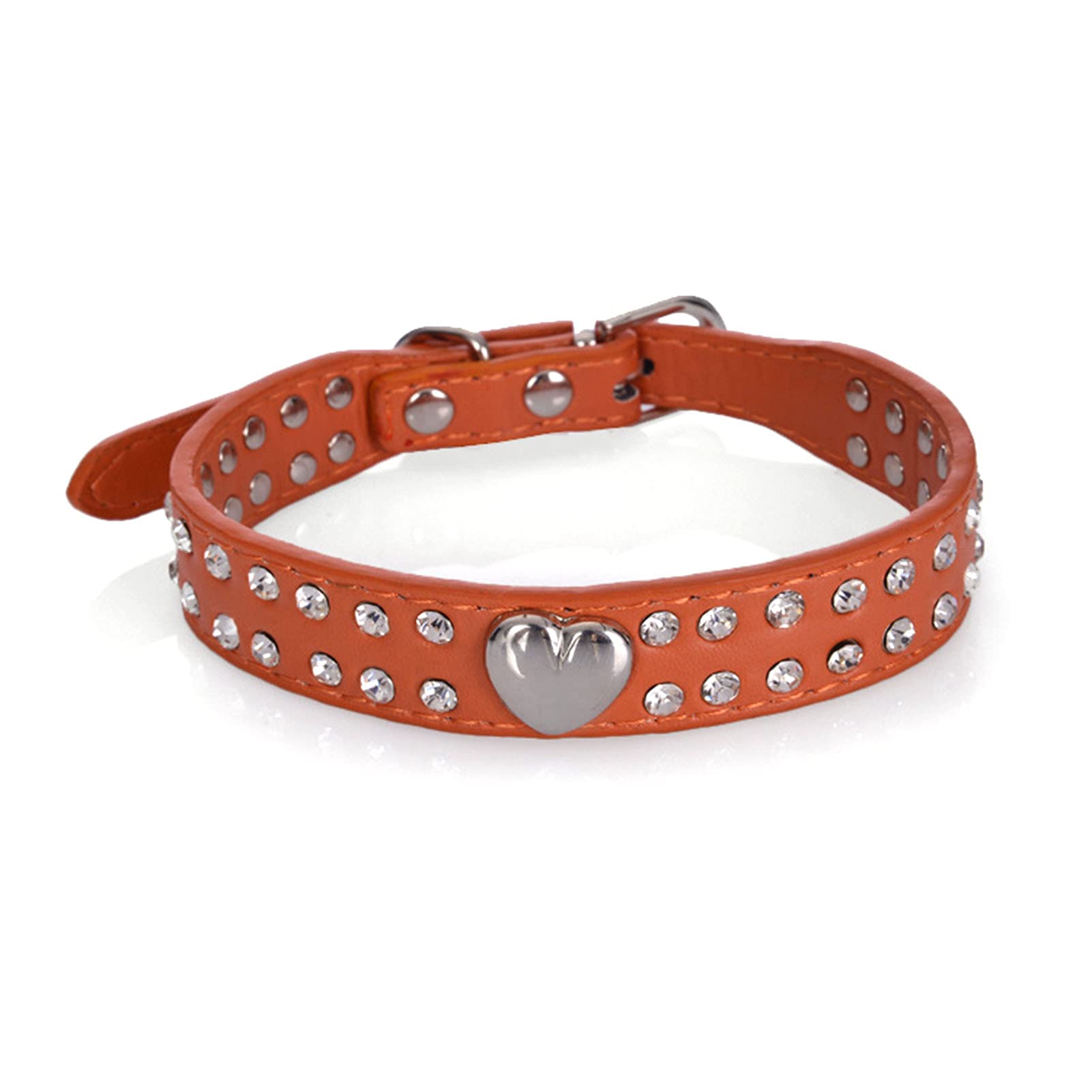 JENPECH Bling Crystal Dog Collar - Heart Shaped Diamond Rhinestone Pet Collar for Small Dogs, Dark Orange XS | Sparkling Accessory for Pet Parties & Special Occasions