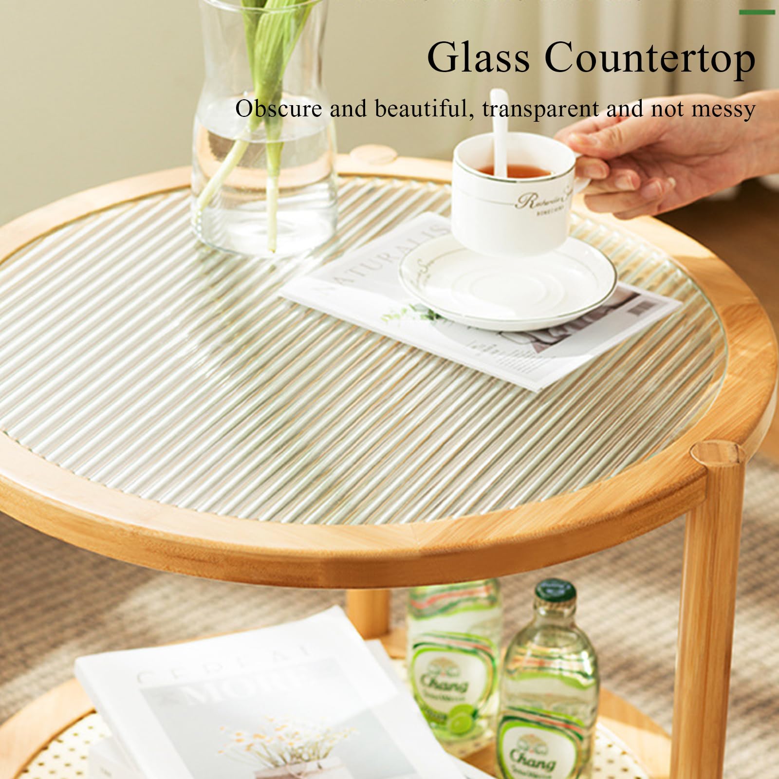 2-Tier Bamboo Round Coffee Table with Glass Top - Modern Small Side Table for Living Room, Bedroom, Balcony or Nightstand - Perfect for Coffee, Books & Decor