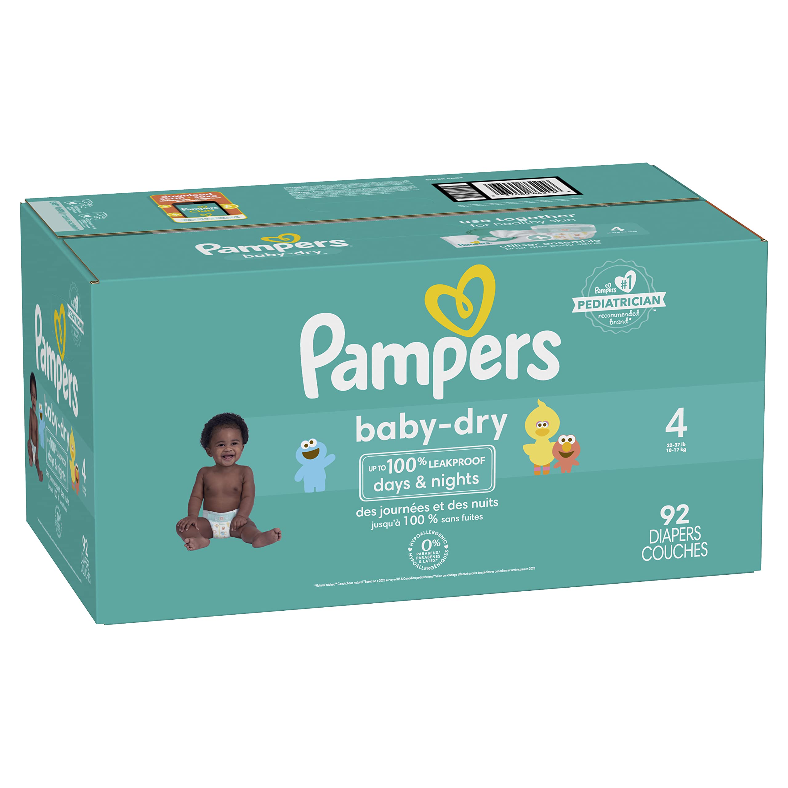 Pampers Baby Dry Disposable Diapers Size 4 (92 Count) - Super Pack of 3, Hypoallergenic & Leakproof for Overnight Protection | Perfect for Daycare, Travel & Nighttime Use | Packaging May Vary